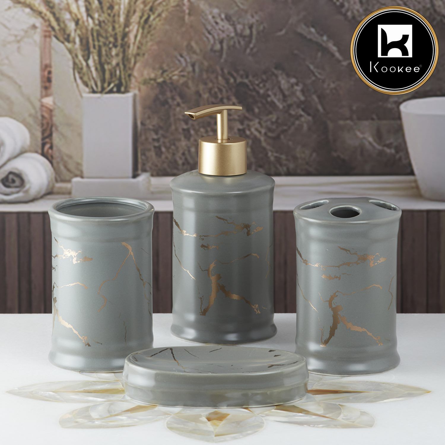 Ceramic Bathroom Accessories Set of 4 with Soap Dispenser (8227)