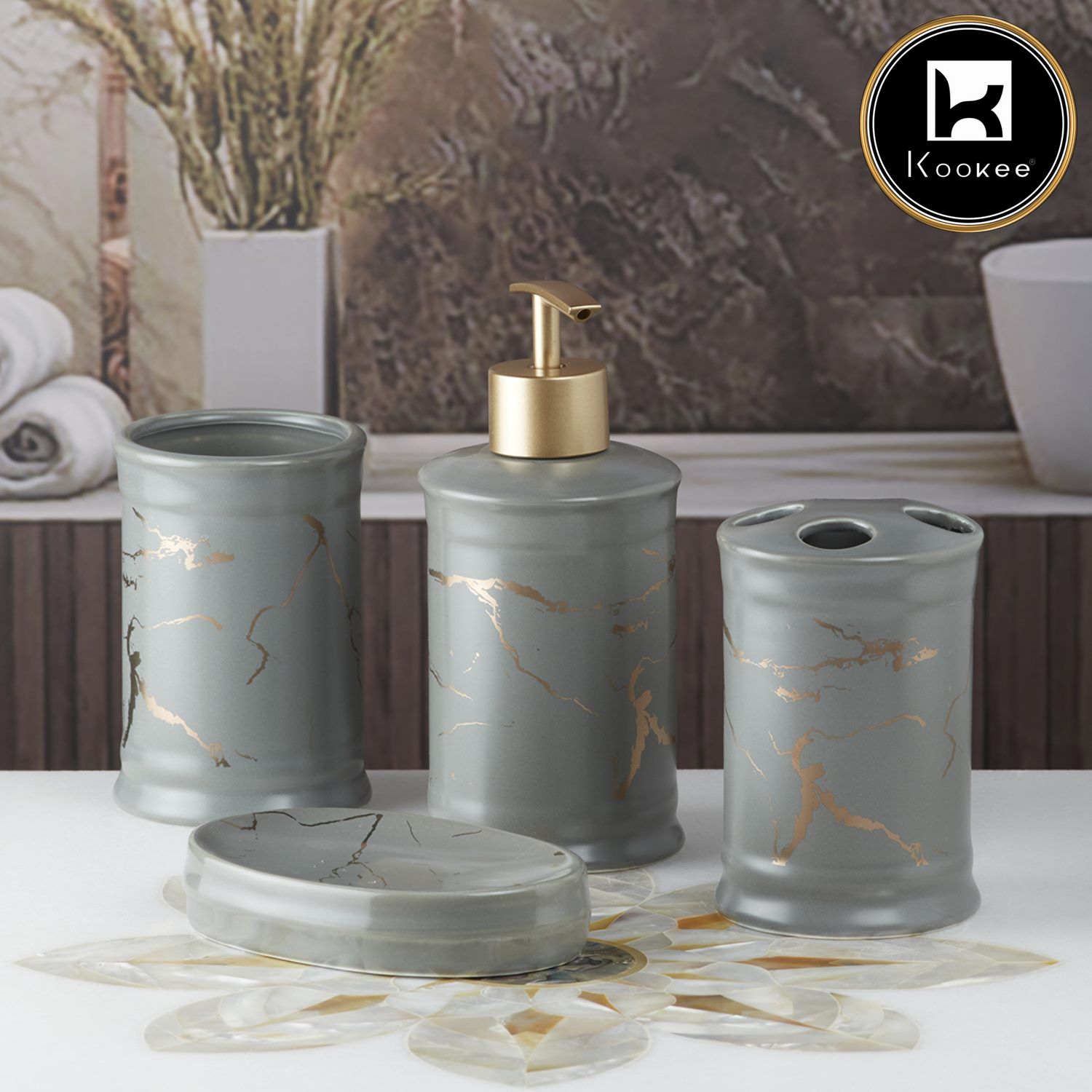 Kookee Ceramic Bathroom Accessories Set of 4, Modern Bath Set with Liquid handwash Soap Dispenser and Toothbrush holder, Luxury Gift Accessory for Home, Grey/Gold