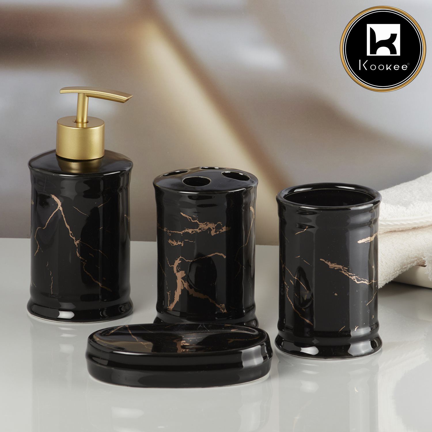 Ceramic Bathroom Accessories Set of 4 with Soap Dispenser (V-CBS-020-1)