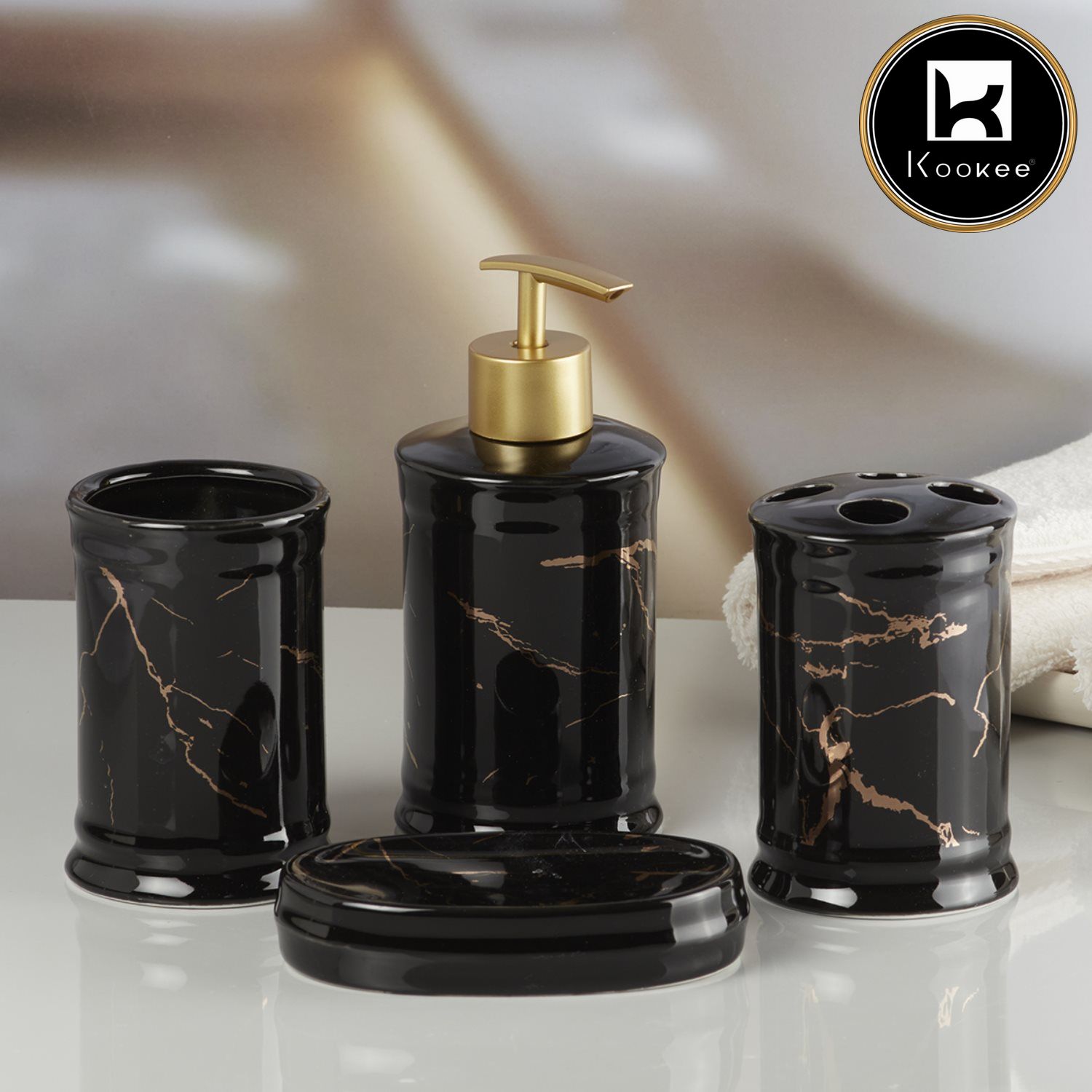 Ceramic Bathroom Accessories Set of 4 with Soap Dispenser (V-CBS-020-1)