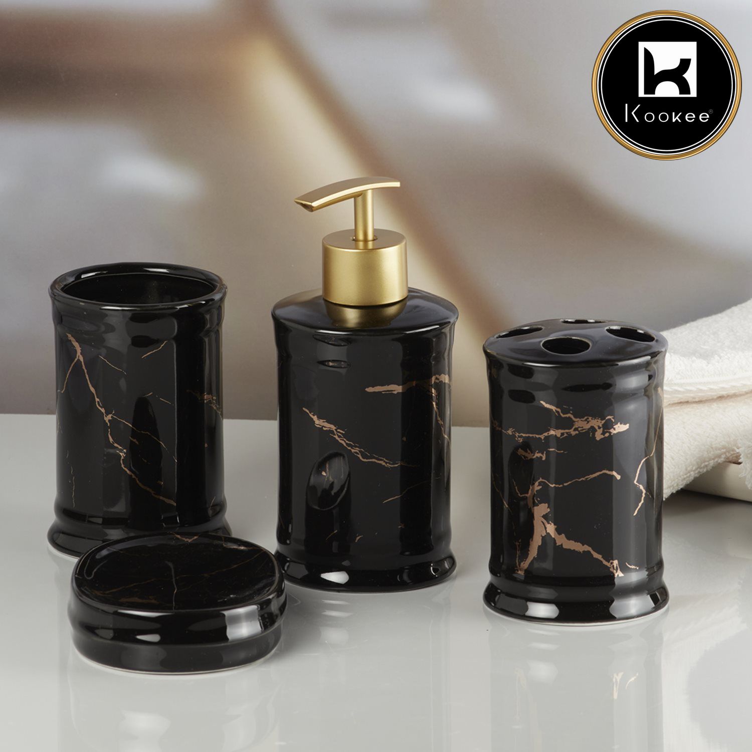 Kookee Ceramic Bathroom Accessories Set of 4, Modern Bath Set with Liquid handwash Soap Dispenser and Toothbrush holder, Luxury Gift Accessory for Home, Black/Gold