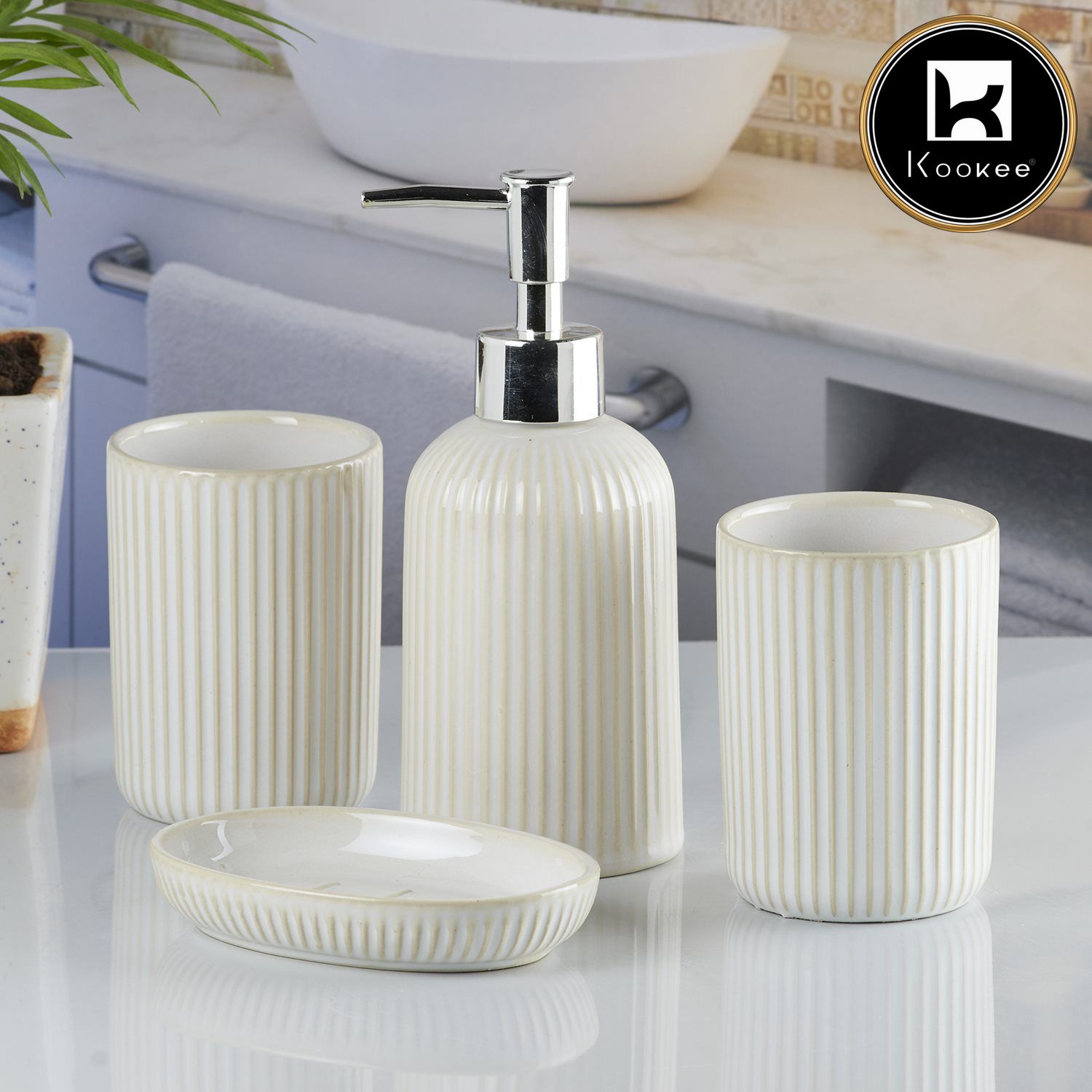 Ceramic Bathroom Set of 4 with Soap Dispenser (8229)