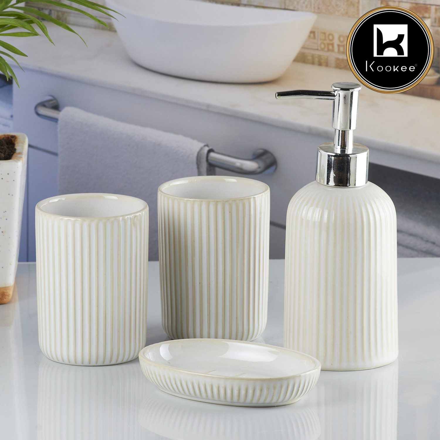 Ceramic Bathroom Set of 4 with Soap Dispenser (8229)