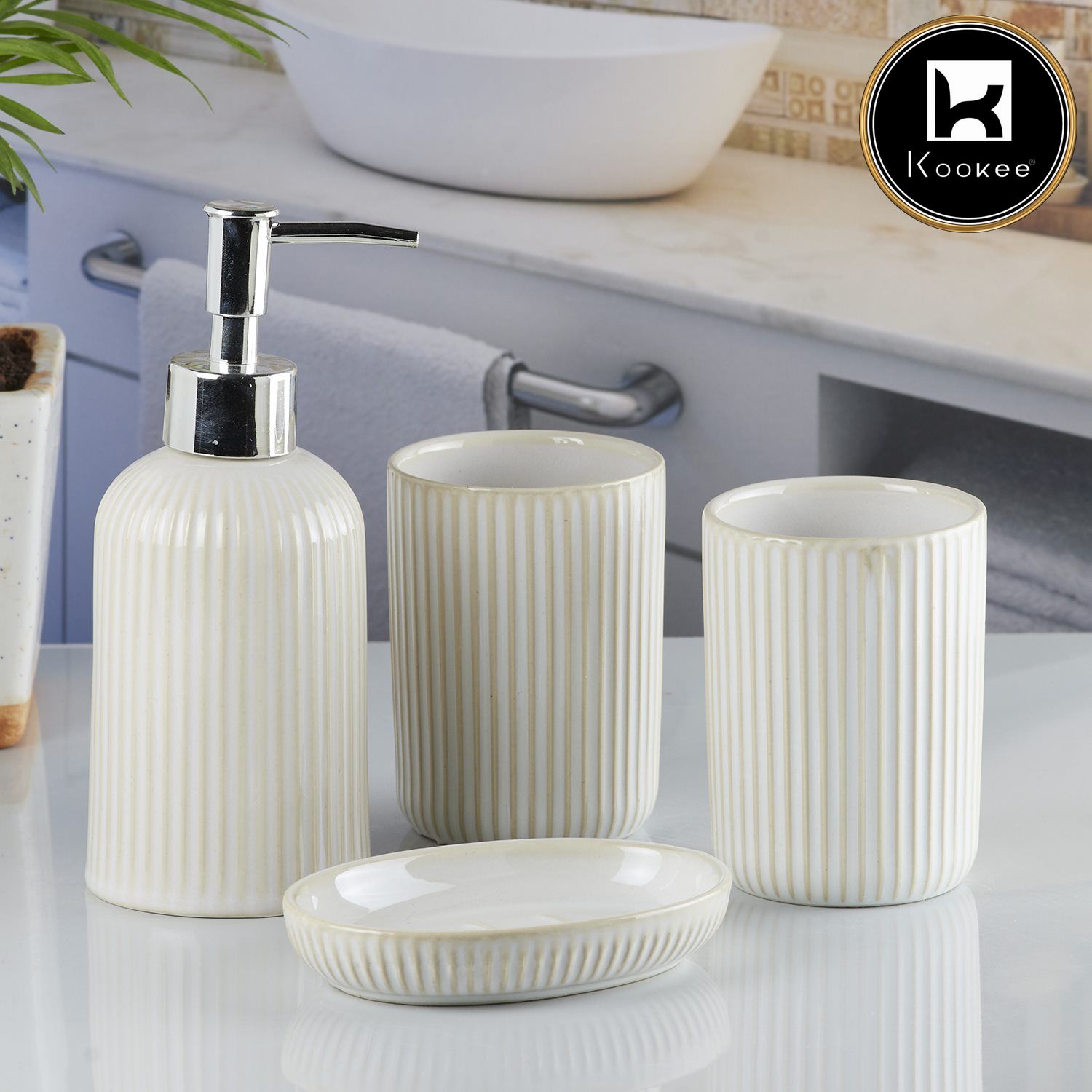 Ceramic Bathroom Set of 4 with Soap Dispenser (8229)