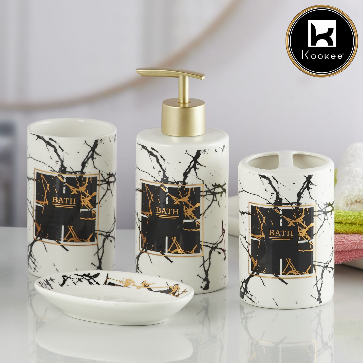 Ceramic Bathroom Set of 4 with Soap Dispenser (8234)