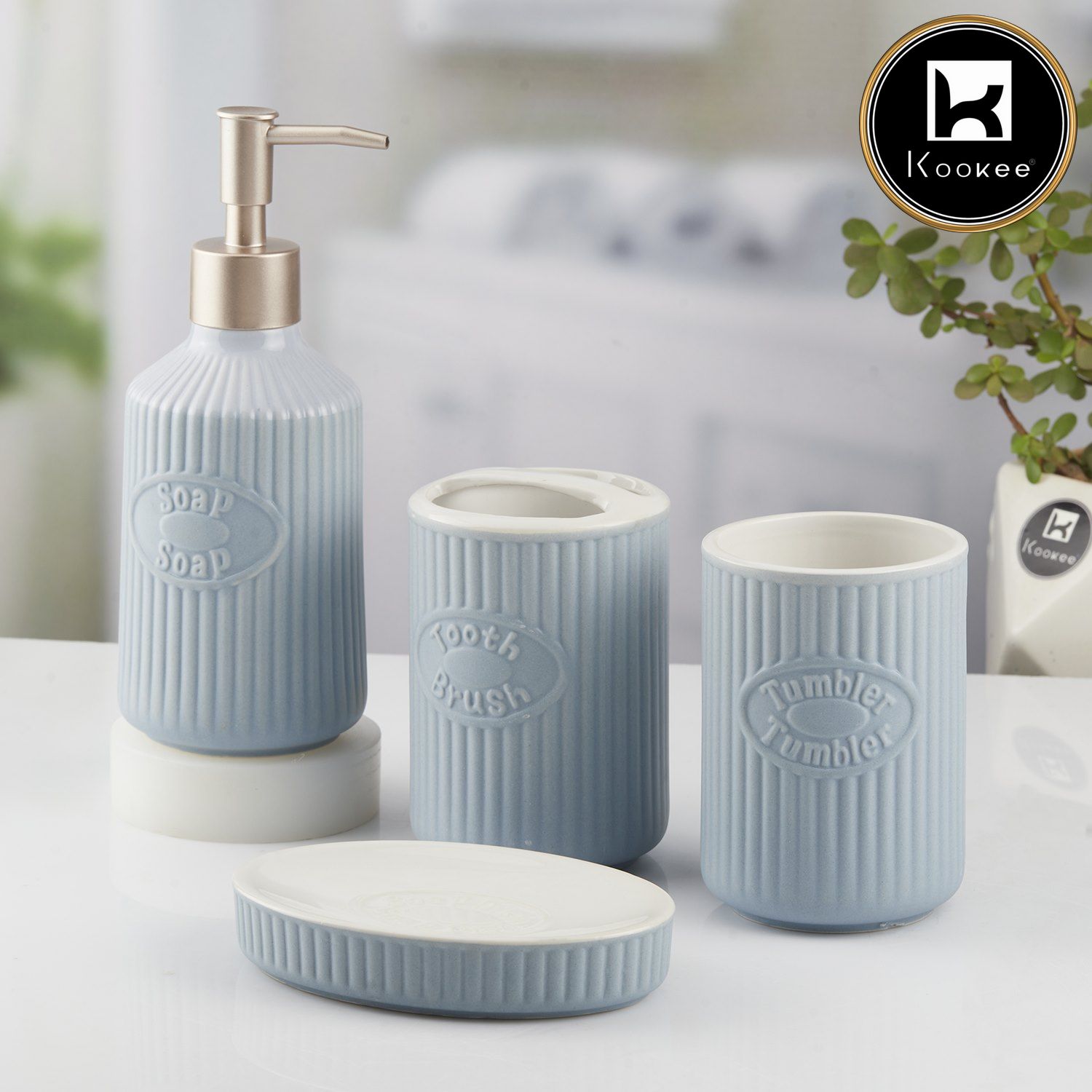 Kookee Ceramic Bathroom Accessories Set of 4, Modern Bath Set with Liquid handwash Soap Dispenser and Toothbrush holder, Luxury Gift Accessory for Home, Blue