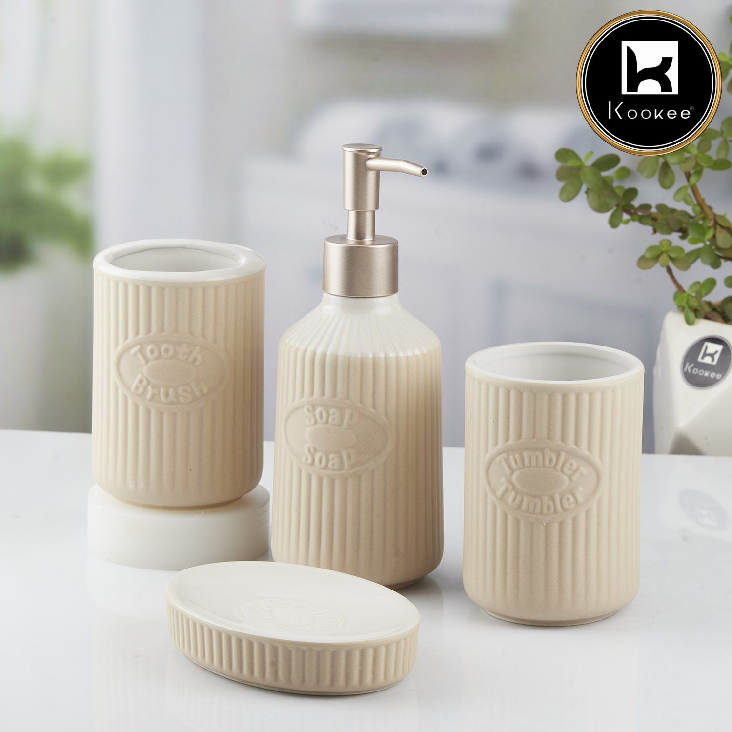 Ceramic Bathroom Set of 4 with Soap Dispenser (8236)