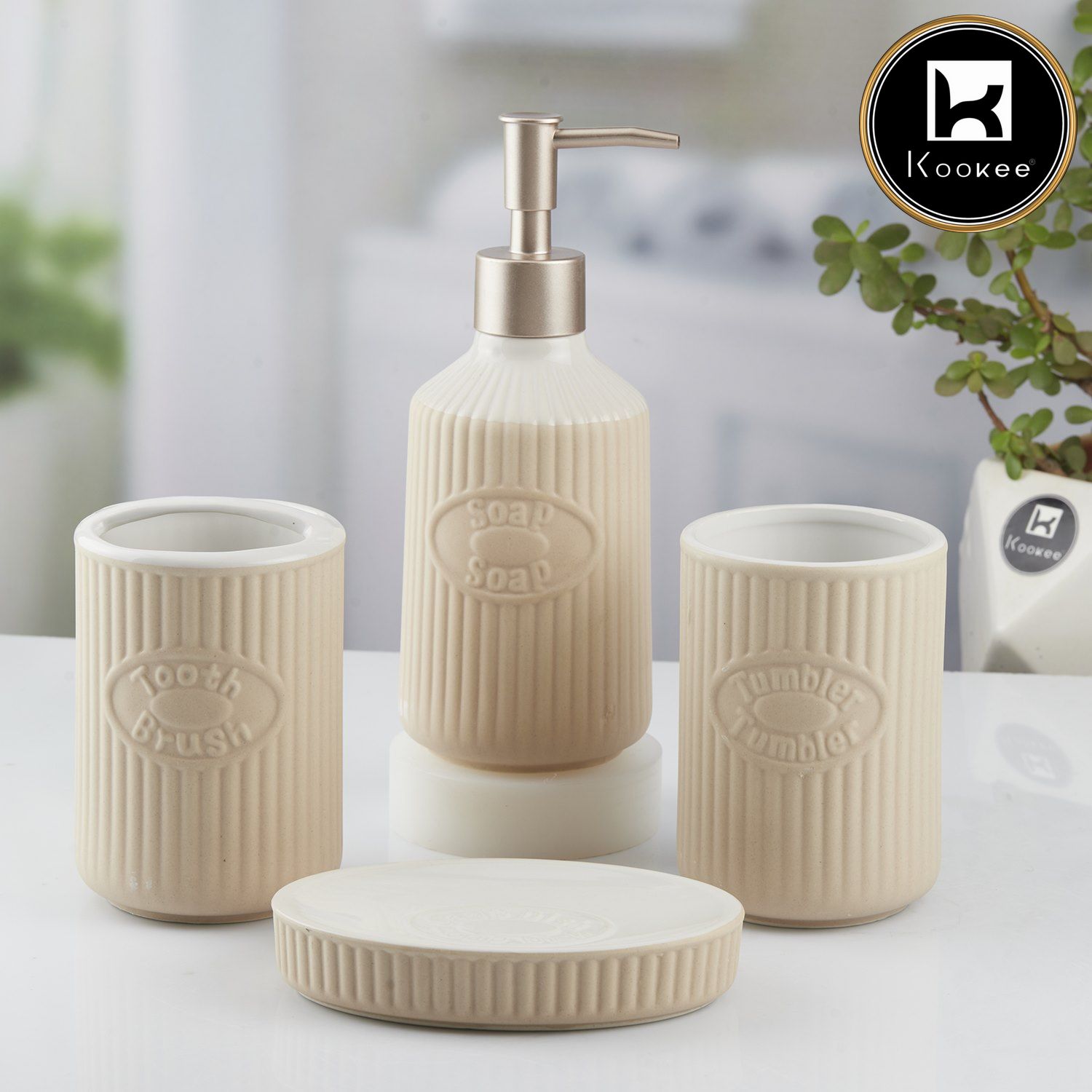 Ceramic Bathroom Set of 4 with Soap Dispenser (8236)