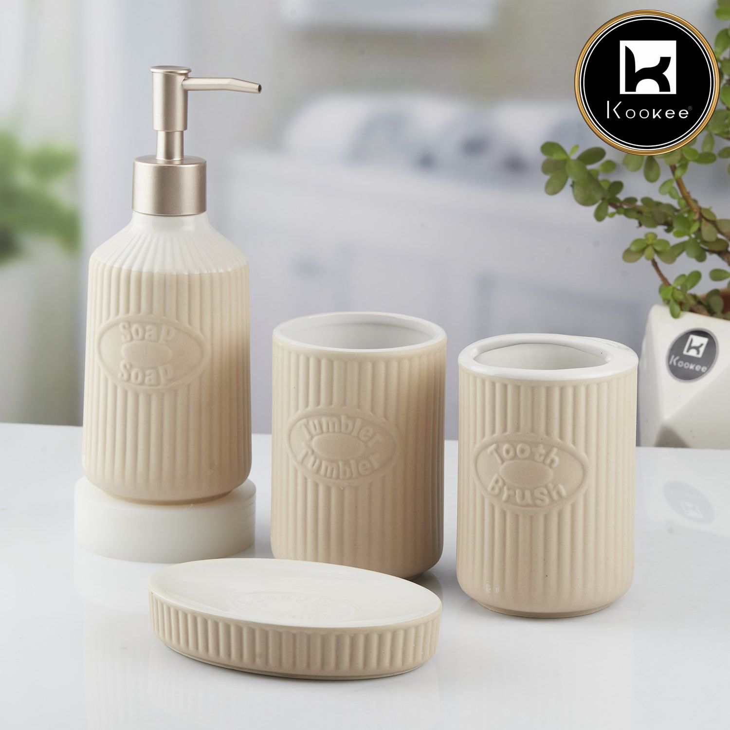 Kookee Ceramic Bathroom Accessories Set of 4, Modern Bath Set with Liquid handwash Soap Dispenser and Toothbrush holder, Luxury Gift Accessory for Home, Beige