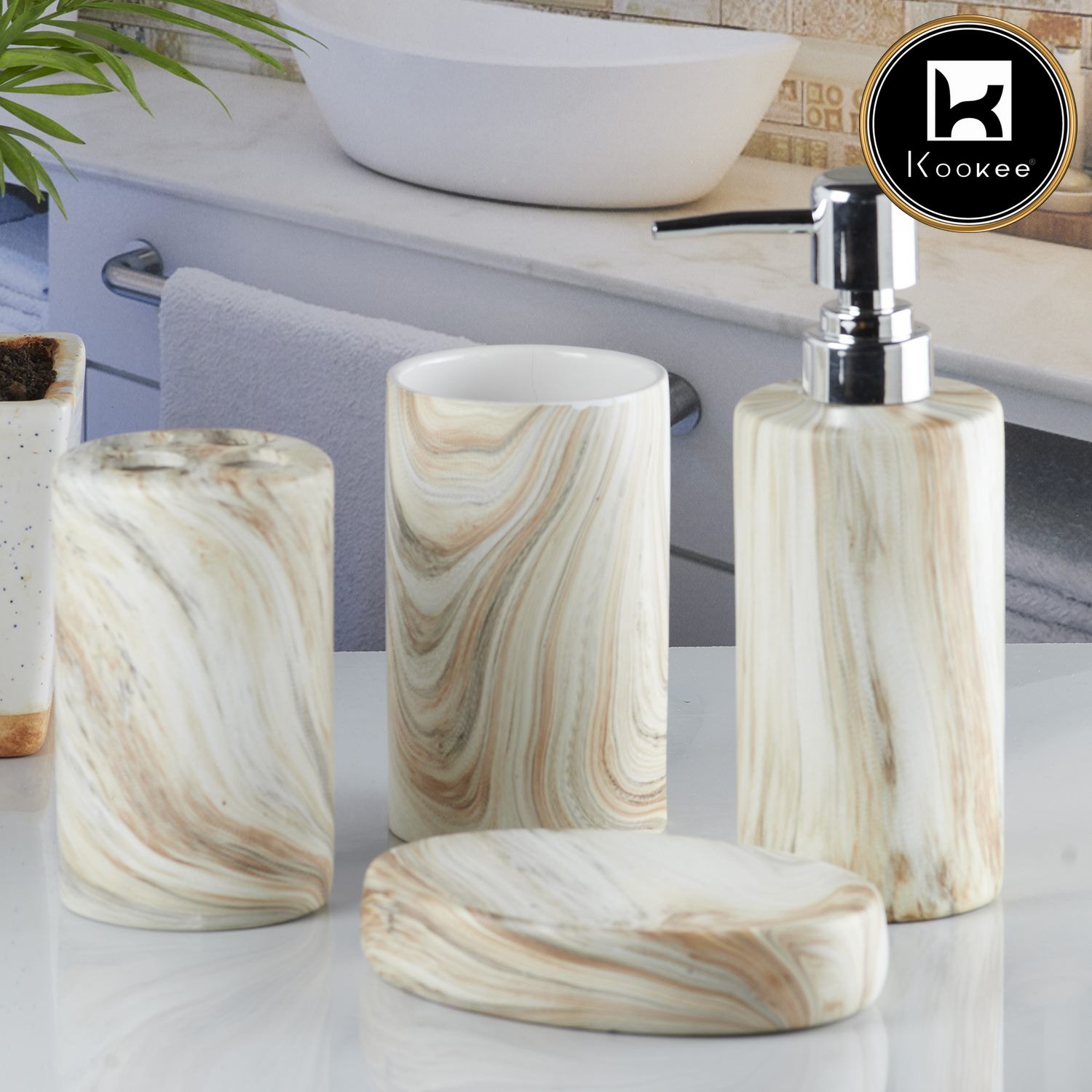 Ceramic Bathroom Set of 4 with Soap Dispenser (8243)