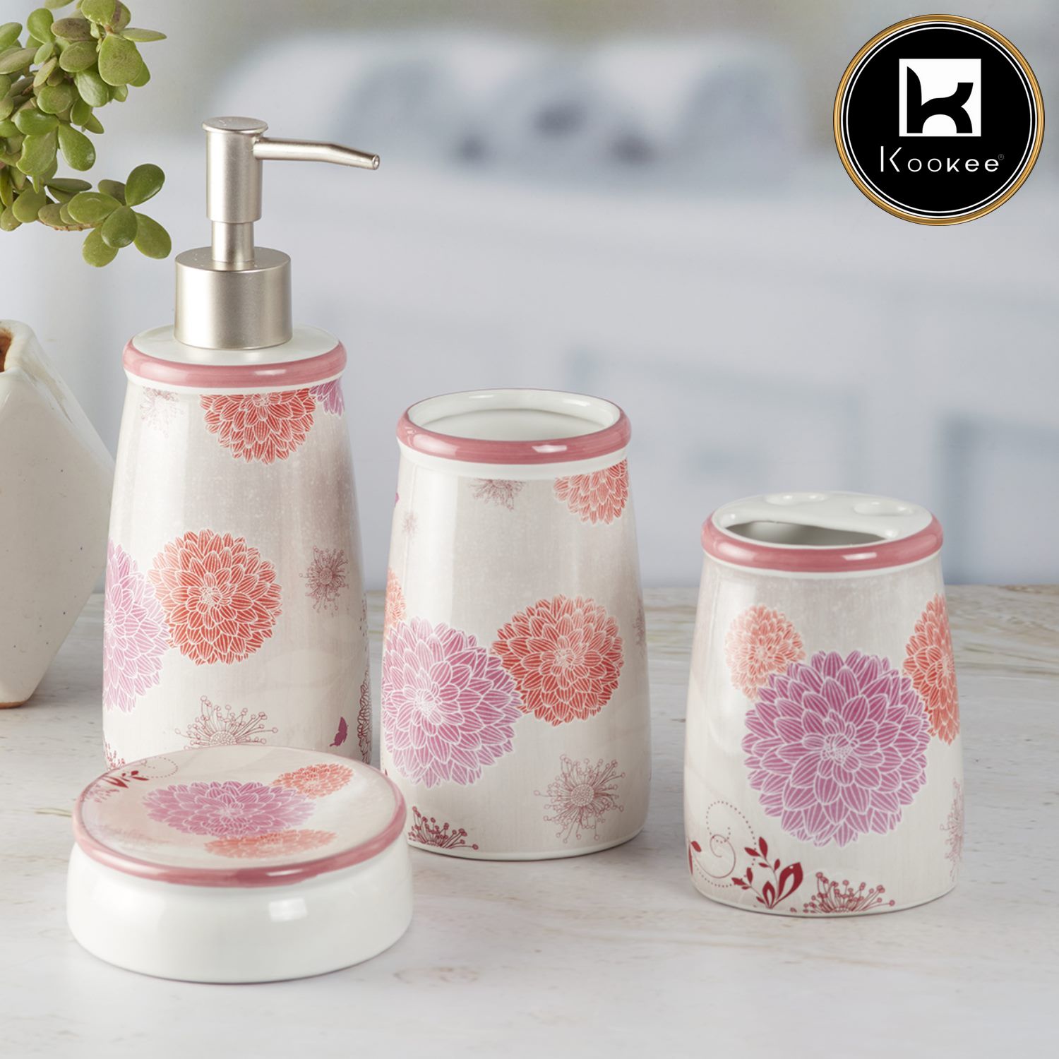 Ceramic Bathroom Set of 4 with Soap Dispenser (8311)