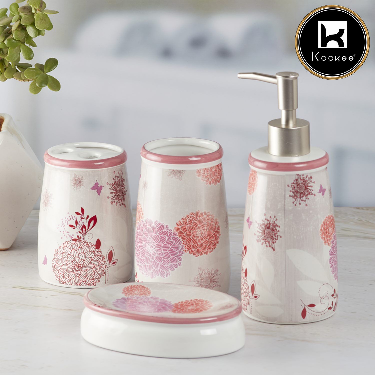 Ceramic Bathroom Set of 4 with Soap Dispenser (8311)