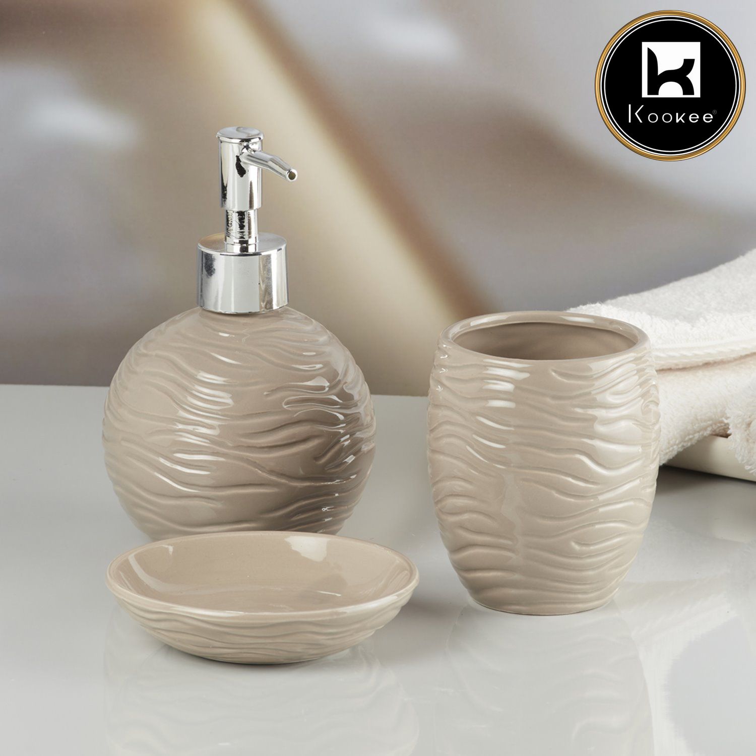 Kookee Ceramic Bathroom Accessories Set of 3, Modern Bath Set with Liquid handwash Soap Dispenser and Toothbrush holder, Luxury Gift Accessory for Home, Beige