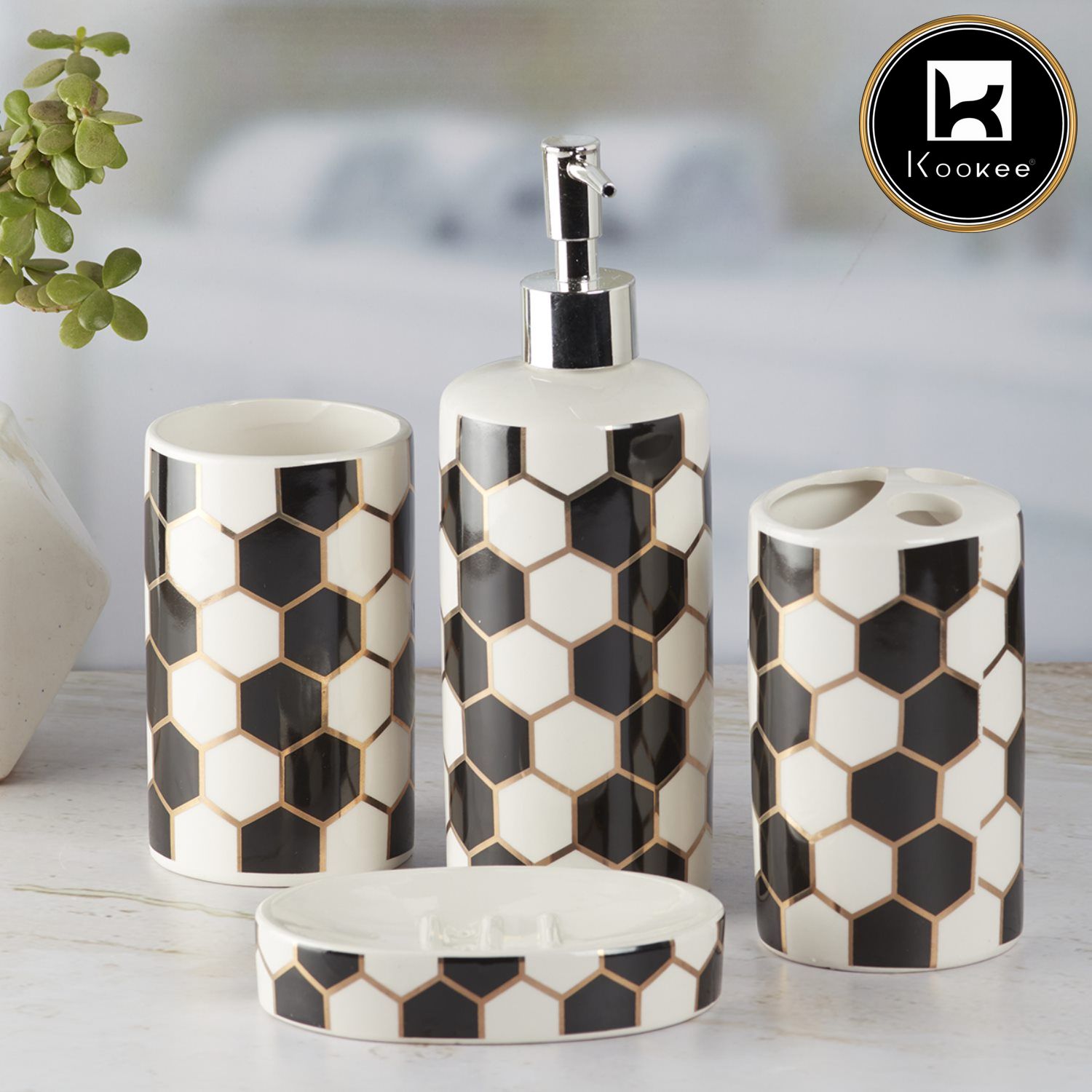 Ceramic Bathroom Set of 4 with Soap Dispenser (8351)