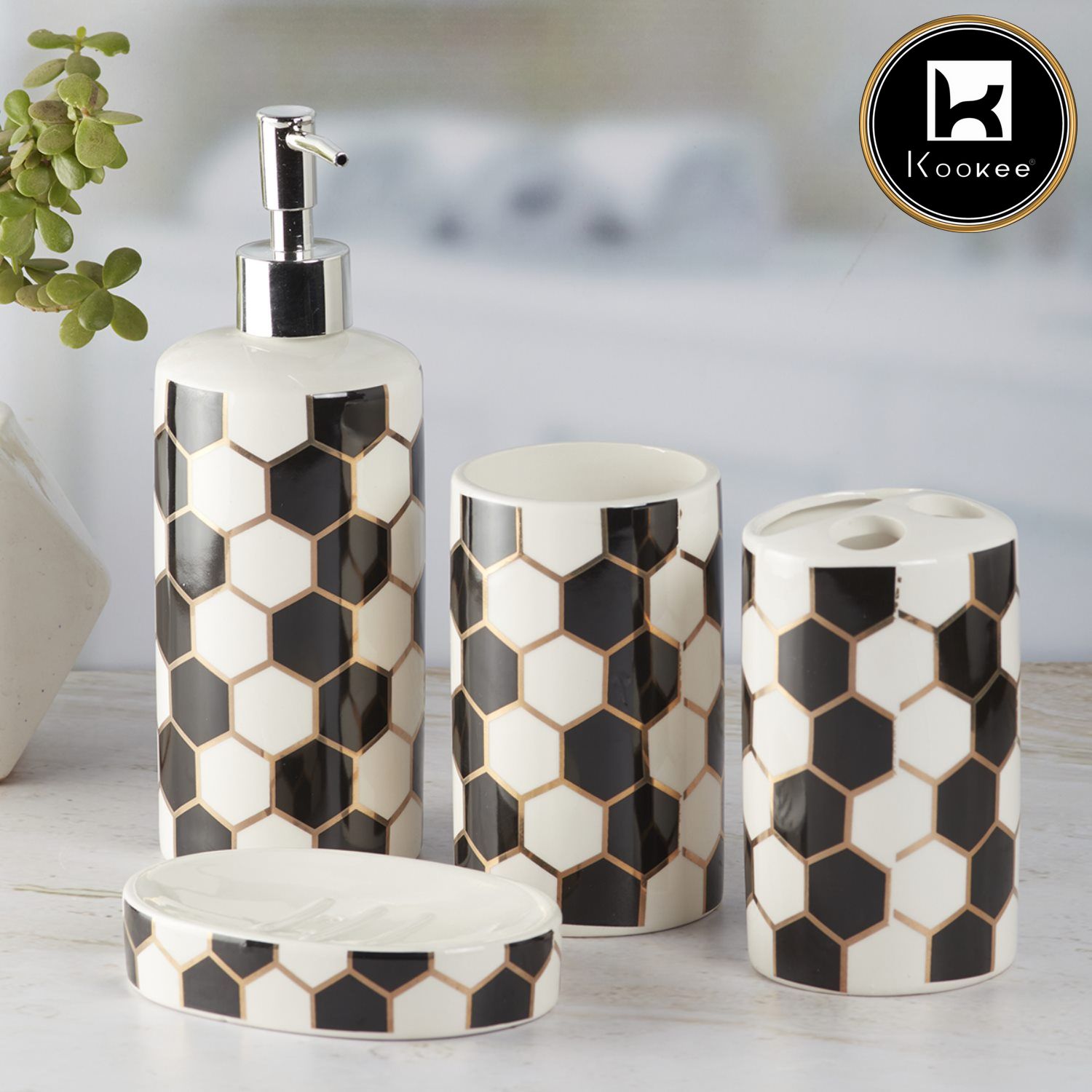 Kookee Ceramic Bathroom Accessories Set of 4, Modern Bath Set with Liquid handwash Soap Dispenser and Toothbrush holder, Luxury Gift Accessory for Home, White/Black