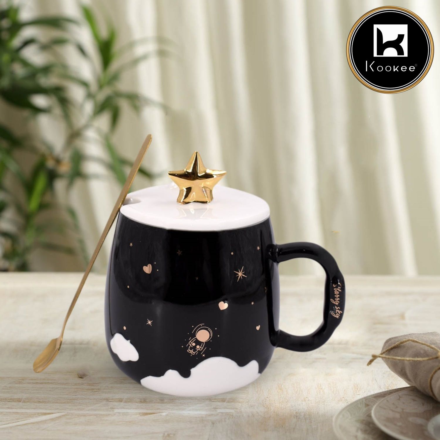 Kookee Fancy Ceramic Coffee or Tea Mug with Lid and Handle with Spoon for Office, Home or Gifting - 325ml