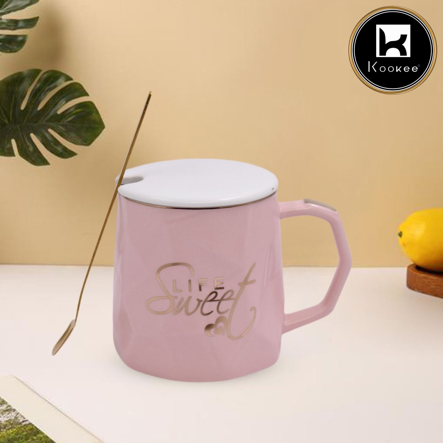 Kookee Fancy Ceramic Coffee or Tea Mug with Lid and Handle with Spoon (8404)