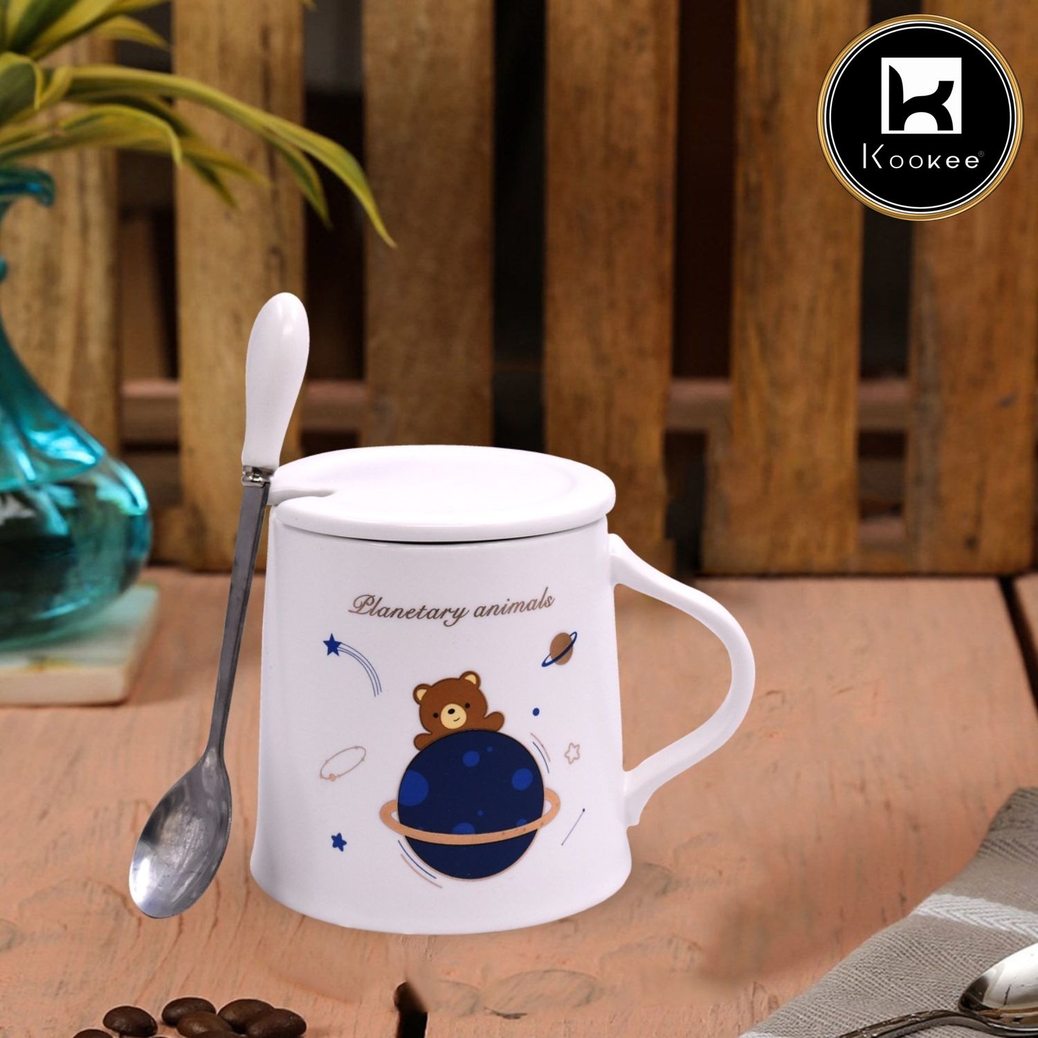 Kookee Fancy Ceramic Coffee or Tea Mug with Lid and Handle with Spoon for Office, Home or Gifting - 250ml