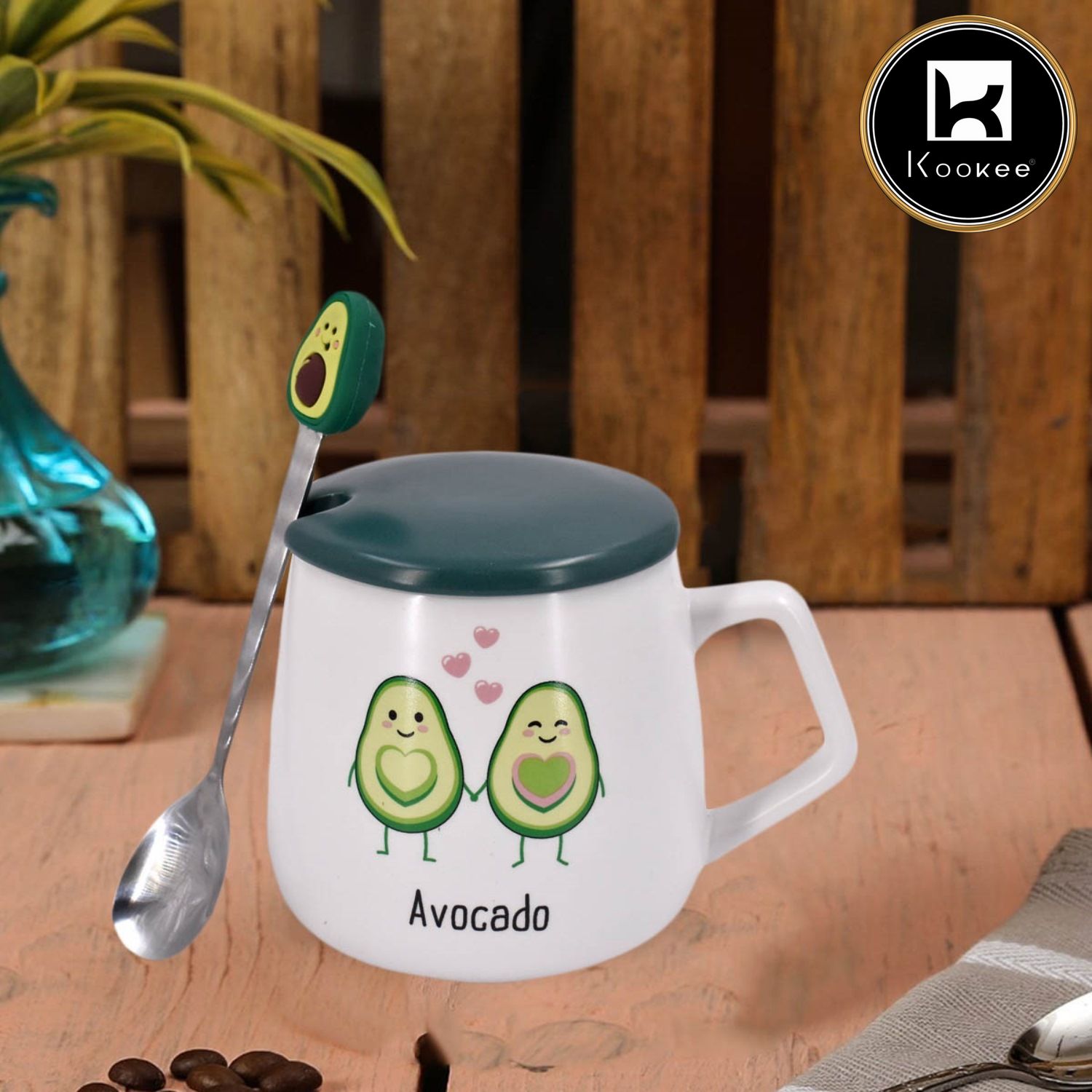 Kookee Fancy Ceramic Coffee or Tea Mug with Lid and Handle with Spoon for Office, Home or Gifting - 250ml