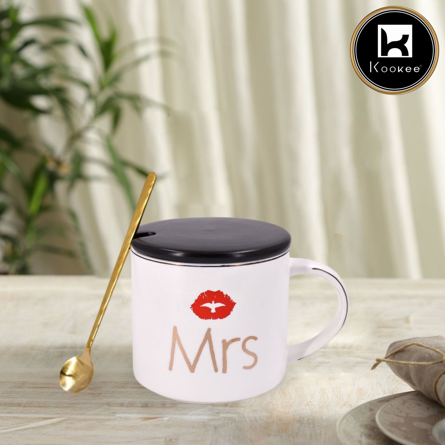 Kookee Fancy Ceramic Coffee or Tea Mug with Lid and Handle with Spoon (8432)