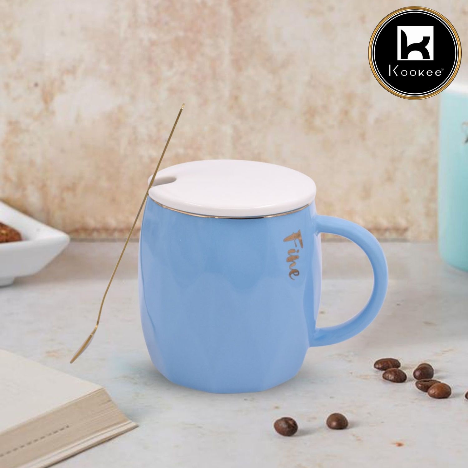 Kookee Fancy Ceramic Coffee or Tea Mug with Lid and Handle with Spoon for Office, Home or Gifting - 300ml