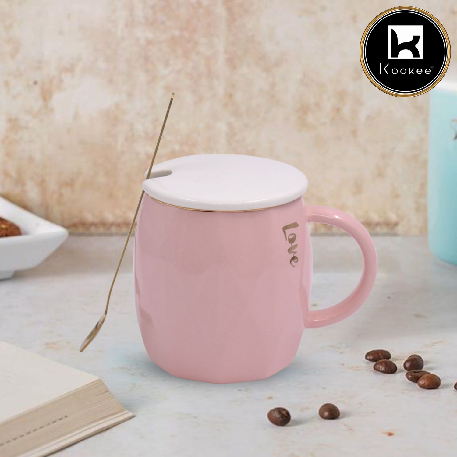 Kookee Fancy Ceramic Coffee or Tea Mug with Lid and Handle with Spoon for Office, Home or Gifting - 300ml