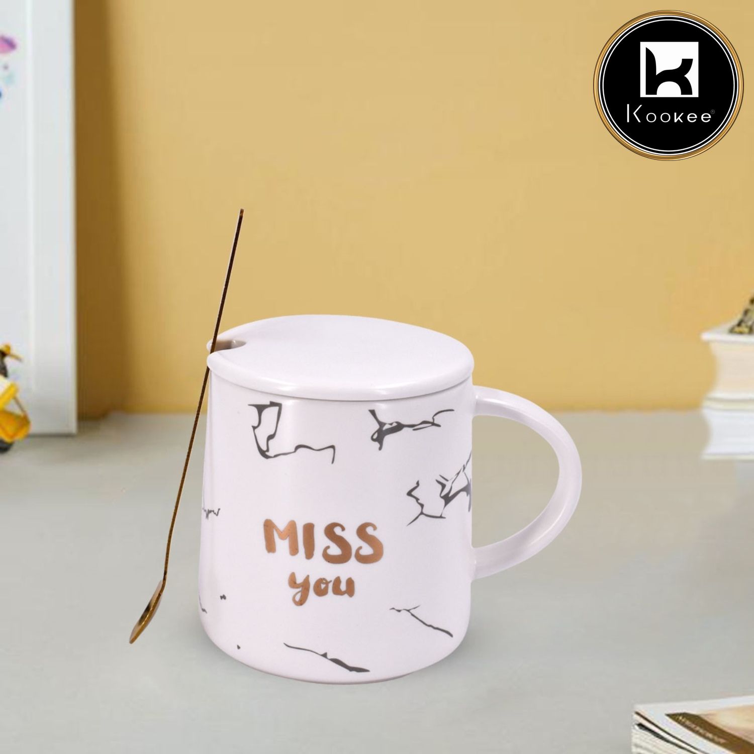 Kookee Fancy Ceramic Coffee or Tea Mug with Lid and Handle with Spoon (8442)