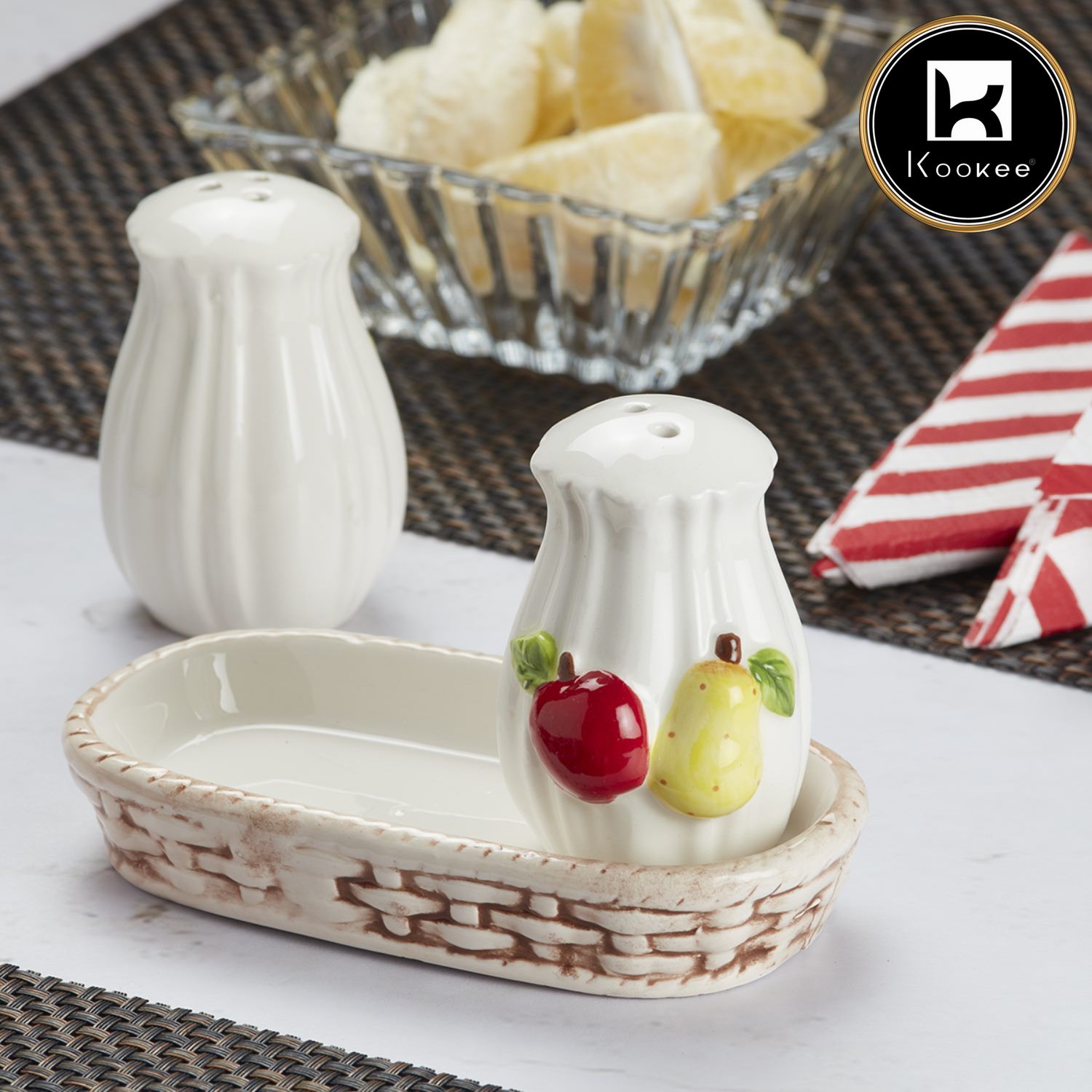 Ceramic Salt and Pepper Set with tray, Fruits Design, White