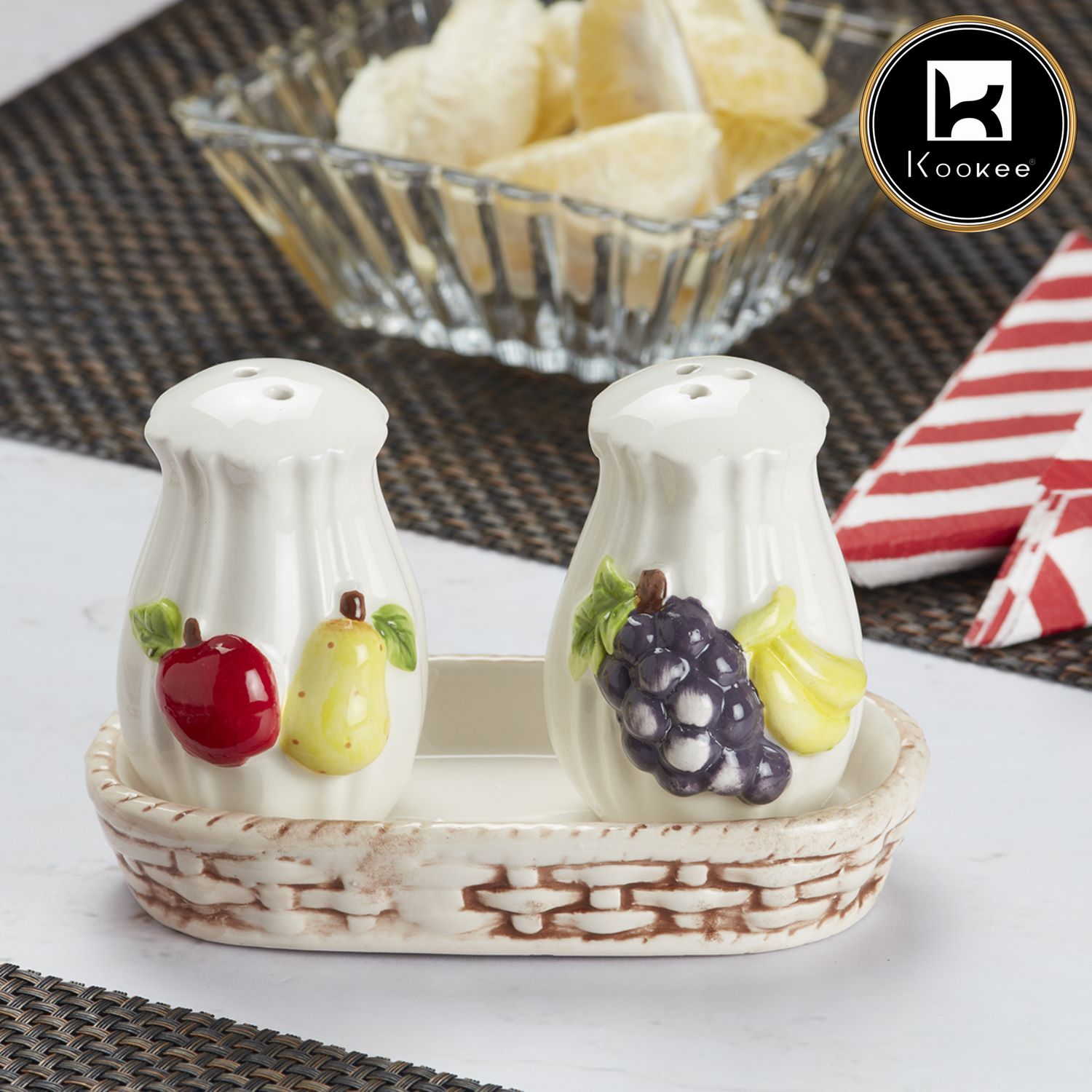 Kookee Ceramic Salt and Pepper Shakers Set with tray for Dining Table used as Namak Dhani, Shaker, Sprinkler, Spices Dispenser for Home, Kitchen and Restaurant, Fruits Design, White