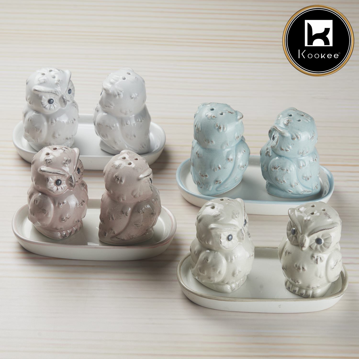 Ceramic Salt and Pepper Set with tray, Owl Design, Pink