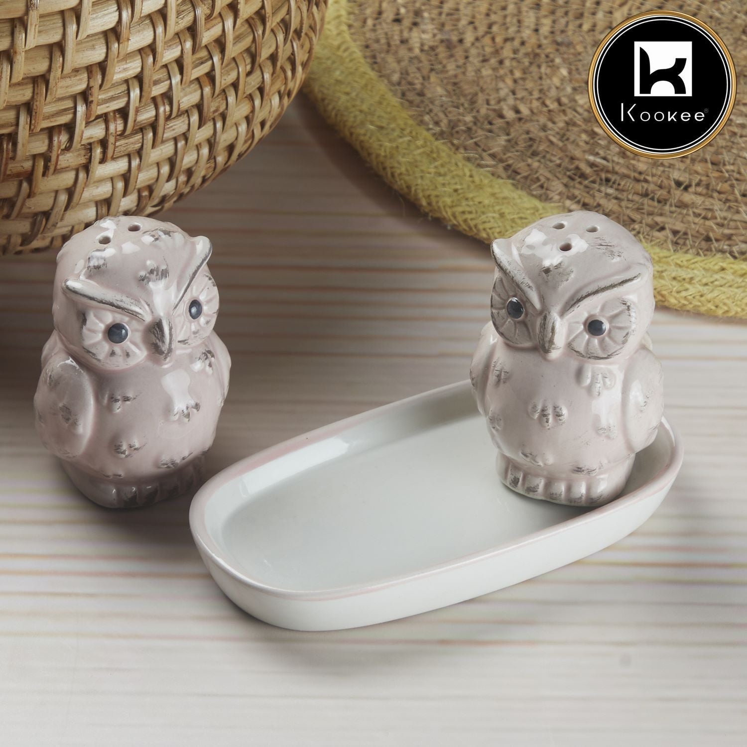 Kookee Ceramic Salt and Pepper Shakers Set with tray for Dining Table used as Namak Dhani, Shaker, Sprinkler, Spices Dispenser for Home, Kitchen and Restaurant, Owl Design, Pink