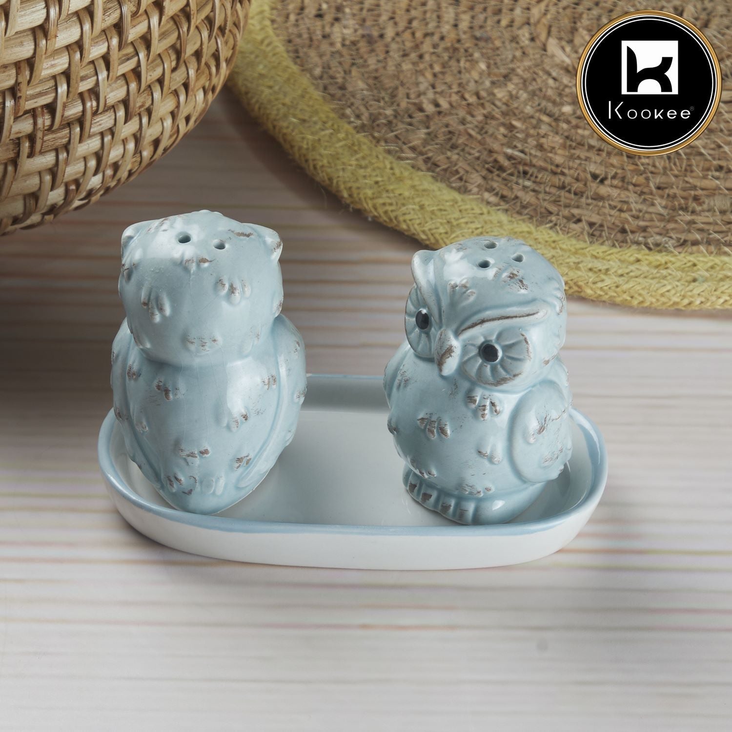 Ceramic Salt and Pepper Set with tray, Owl Design, Blue