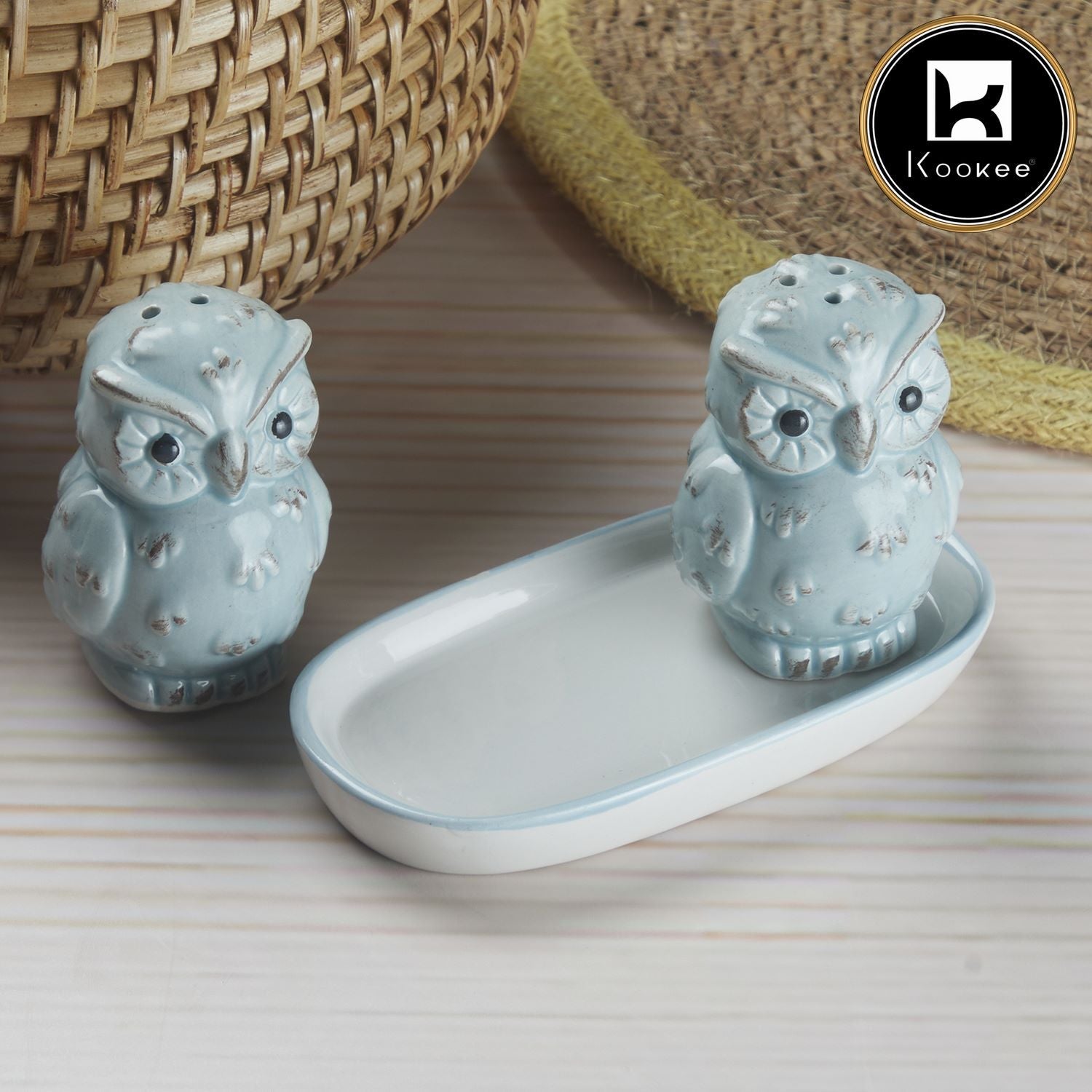 Kookee Ceramic Salt and Pepper Shakers Set with tray for Dining Table used as Namak Dhani, Shaker, Sprinkler, Spices Dispenser for Home, Kitchen and Restaurant, Owl Design, Blue