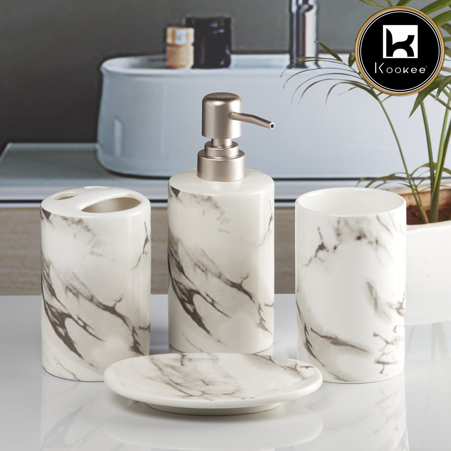 Ceramic Bathroom Set of 4 with Soap Dispenser (8479)