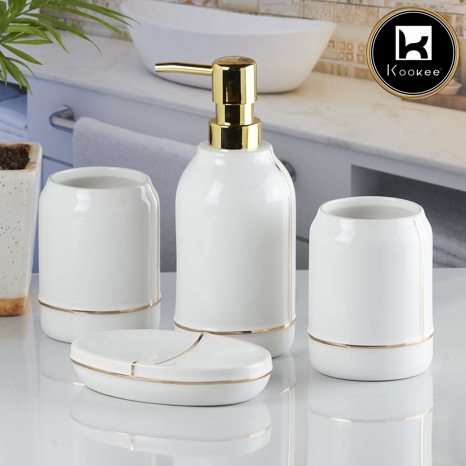 Ceramic Bathroom Accessories Set of 4 with Soap Dispenser (8487)