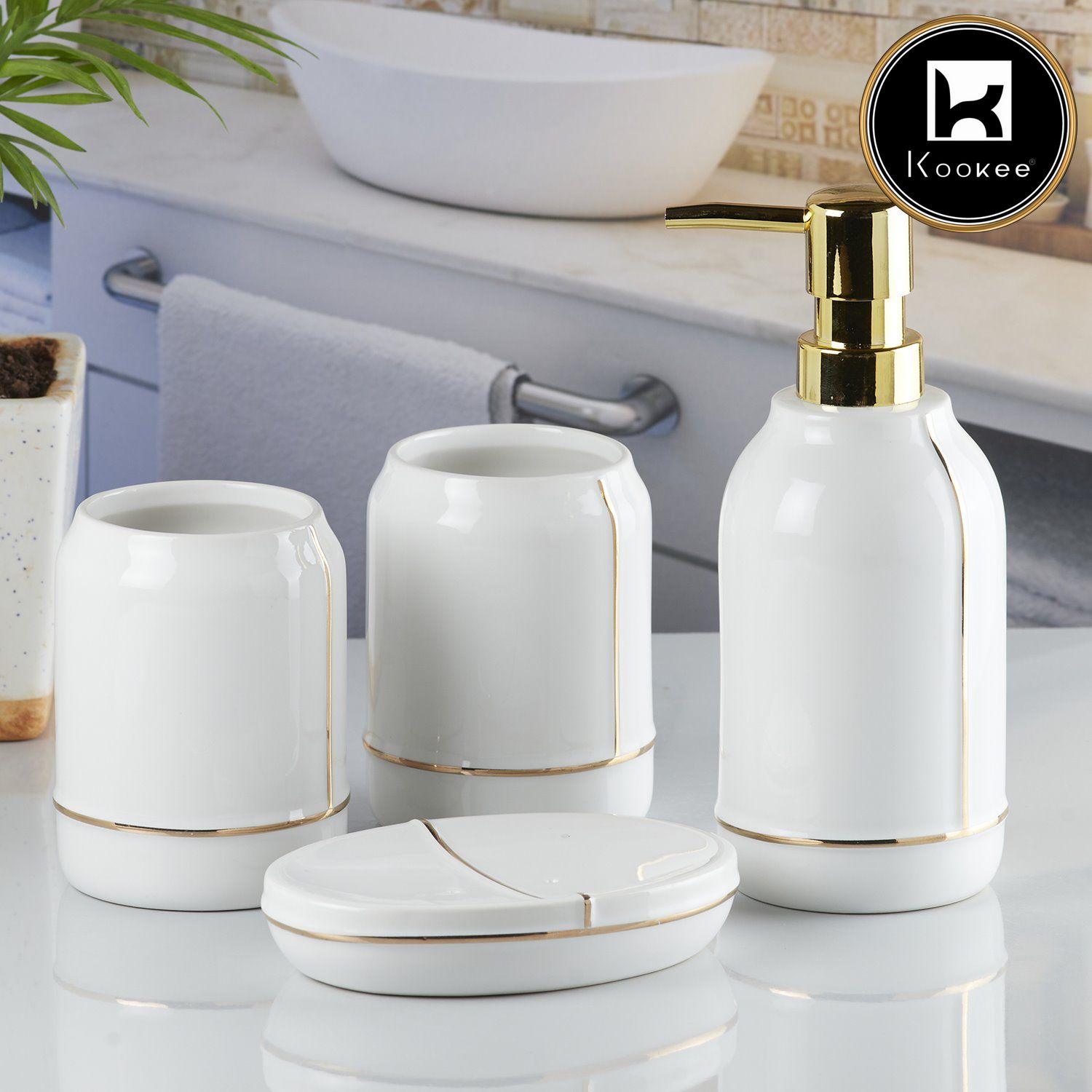 Ceramic Bathroom Accessories Set of 4 with Soap Dispenser (8487)