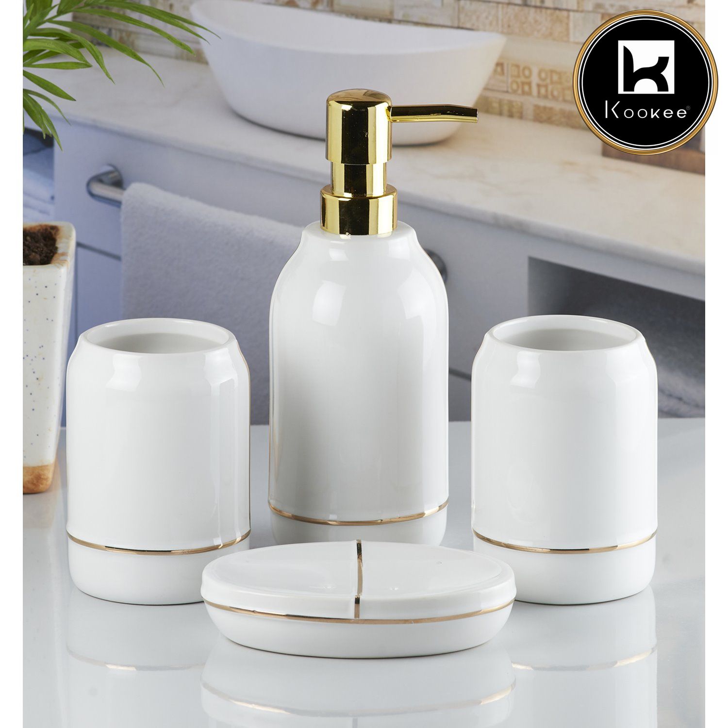 Ceramic Bathroom Accessories Set of 4 with Soap Dispenser (8487)