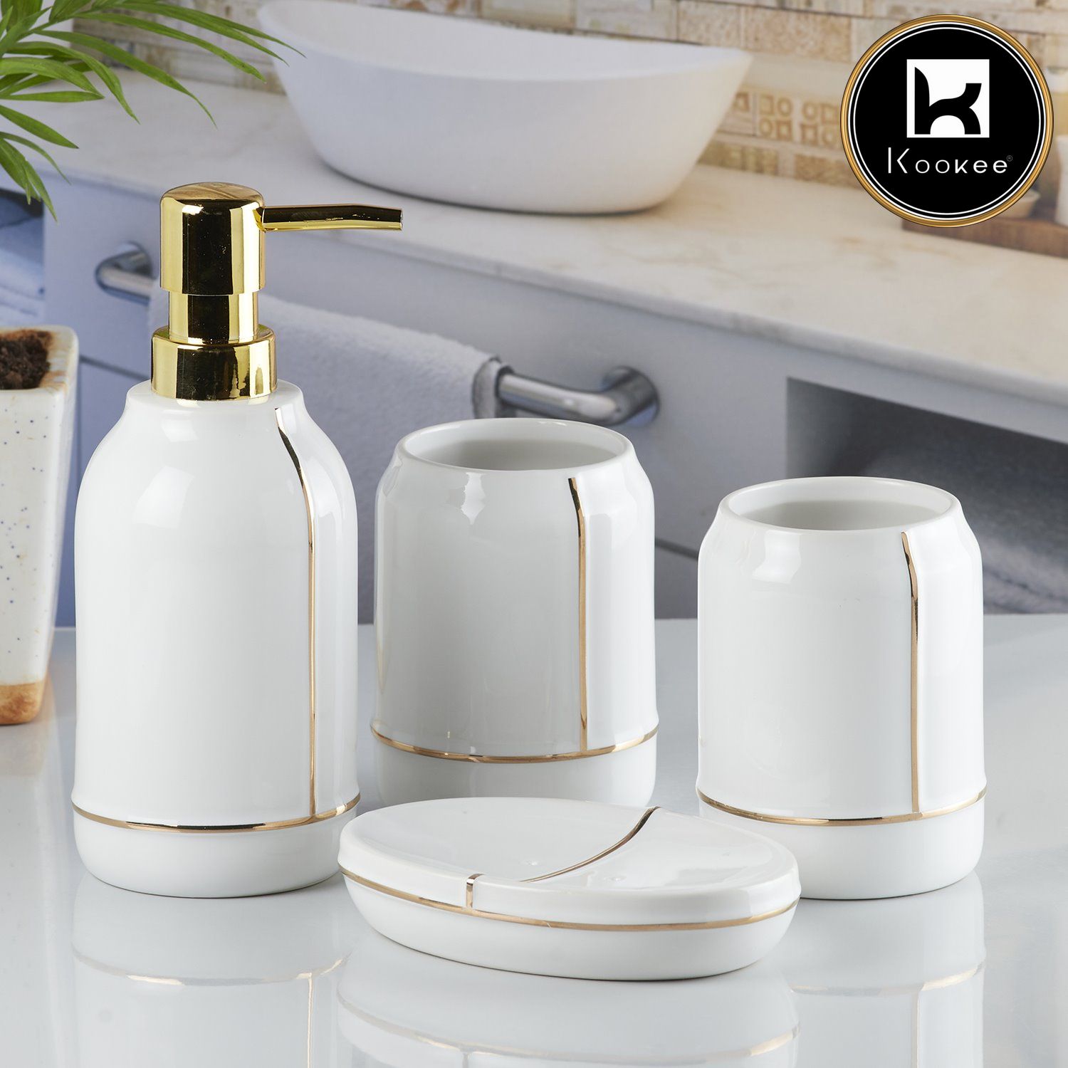 Kookee Ceramic Bathroom Accessories Set of 4, Modern Bath Set with Liquid handwash Soap Dispenser and Toothbrush holder, Luxury Gift Accessory for Home, White