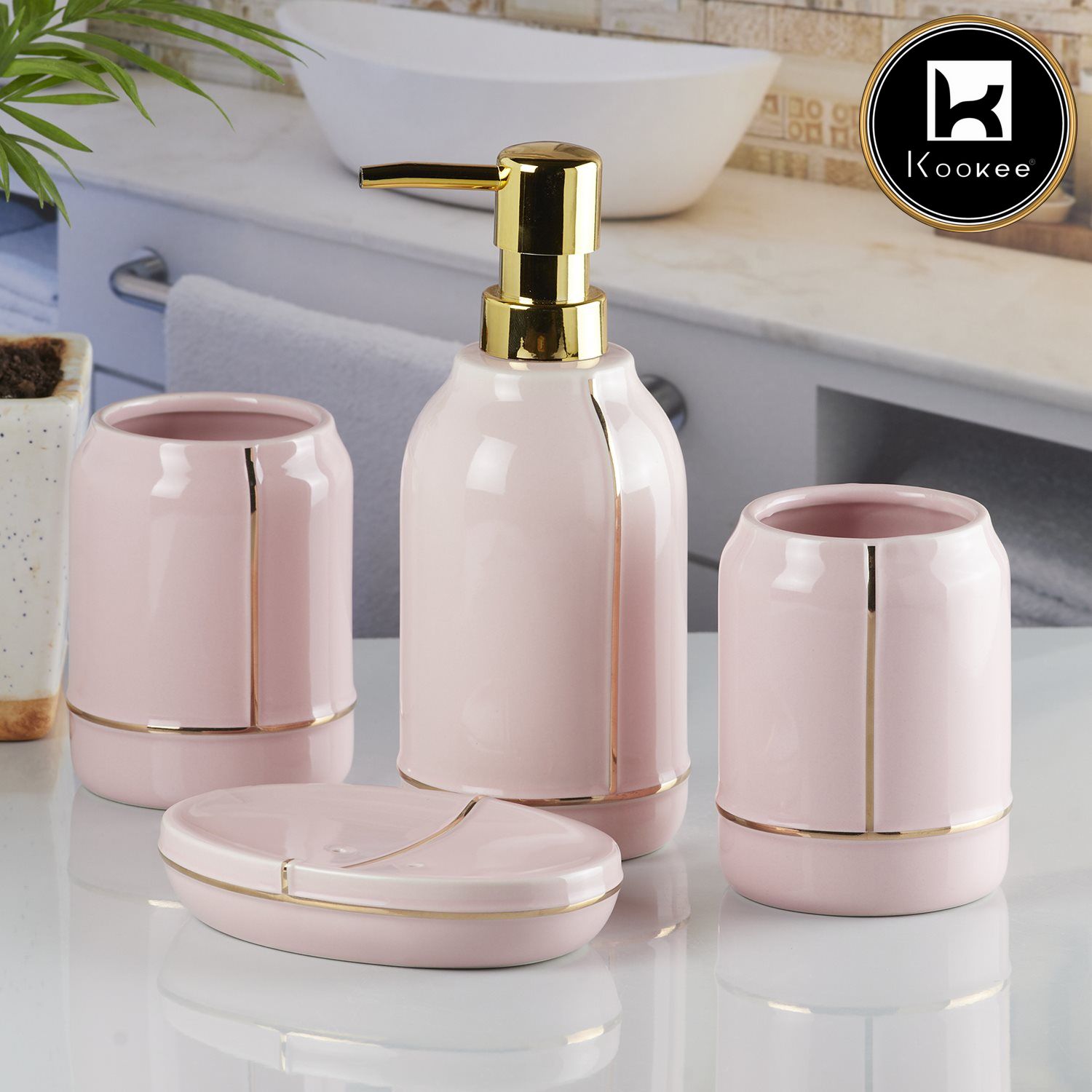Kookee Ceramic Bathroom Sets, Pink, ART08488