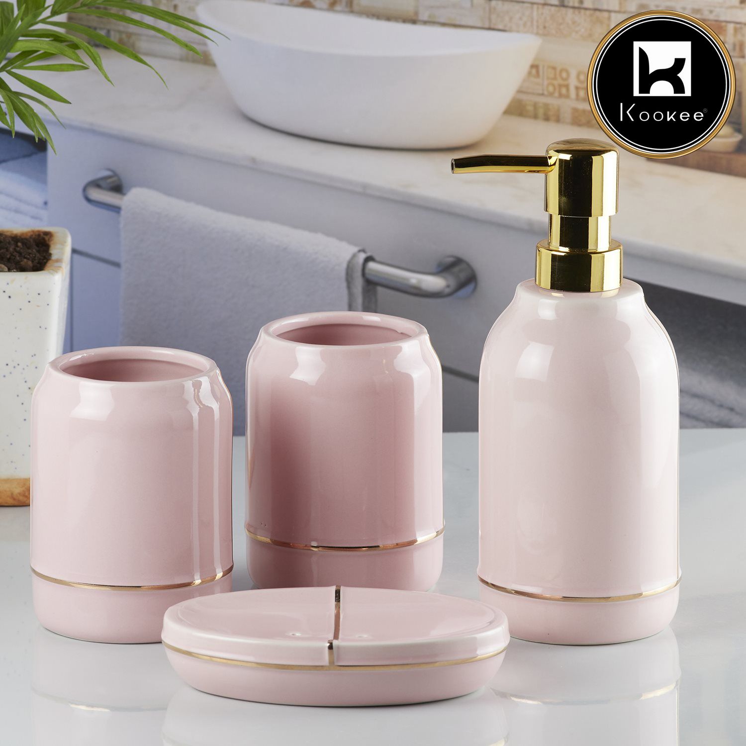 Ceramic Bathroom Accessories Set of 4 with Soap Dispenser (8488)