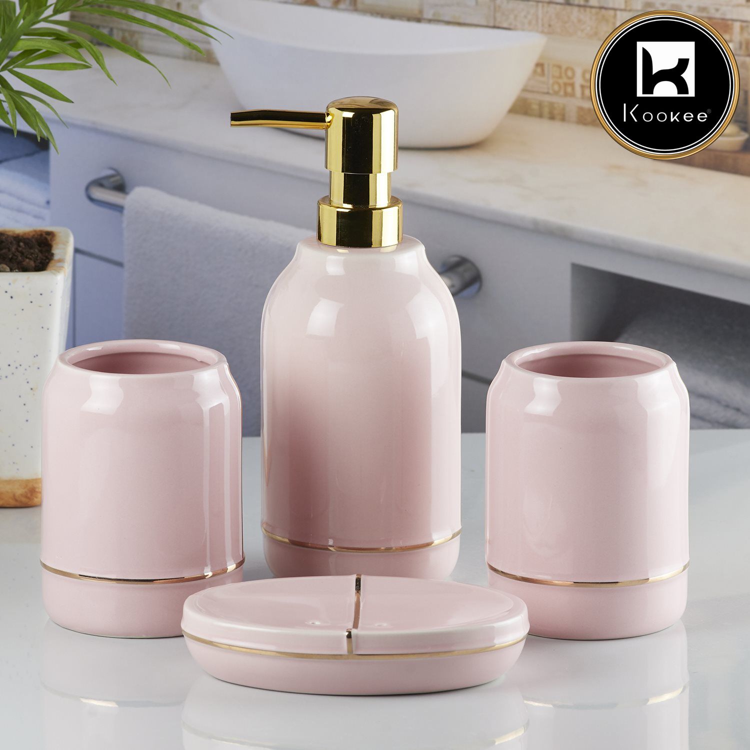 Ceramic Bathroom Accessories Set of 4 with Soap Dispenser (8488)