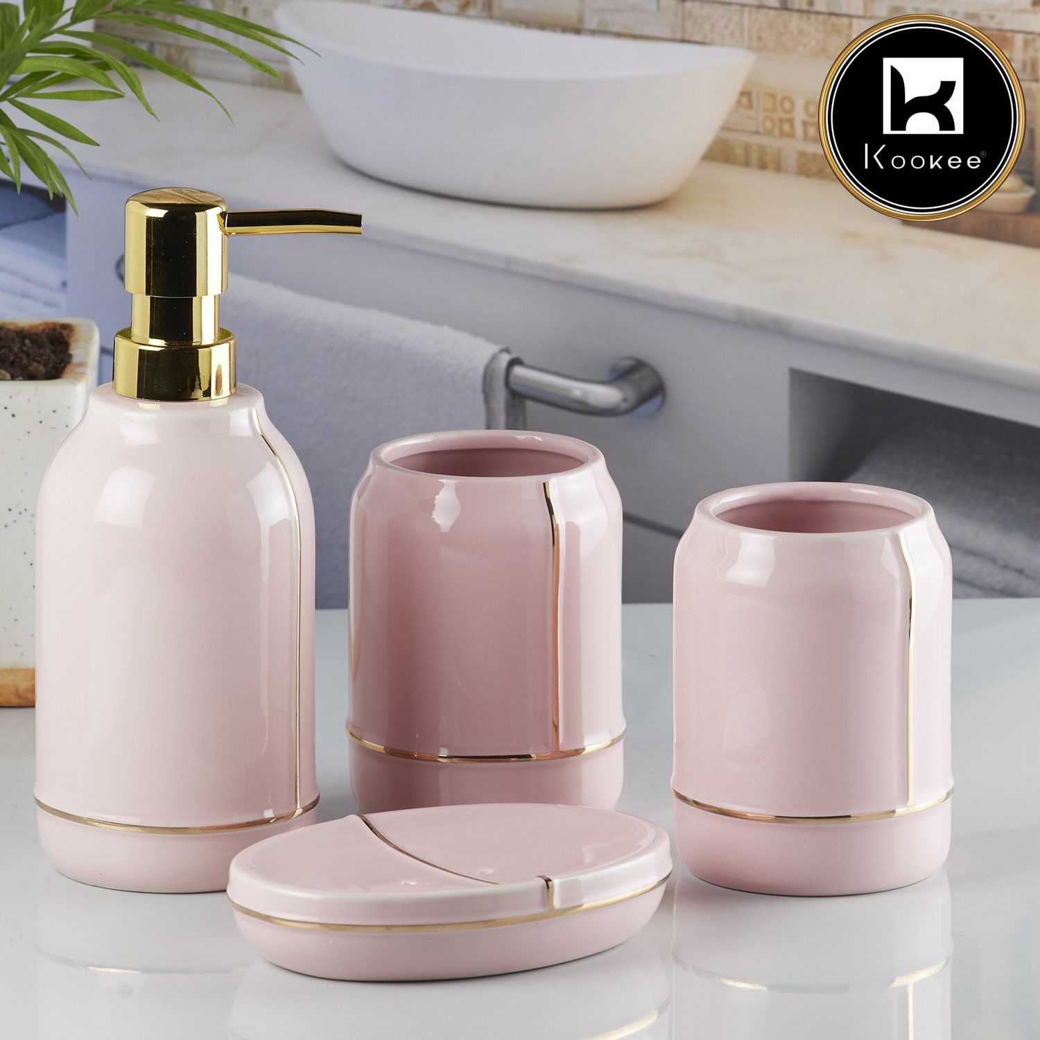 Kookee Ceramic Bathroom Sets, Pink, ART08488