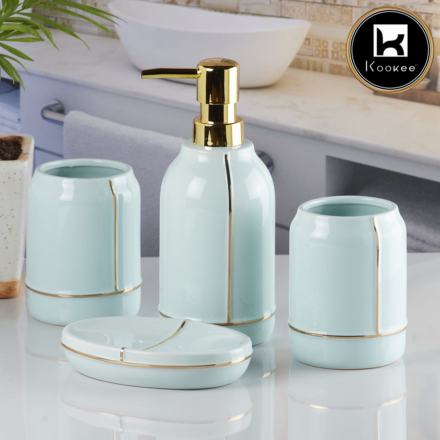 Ceramic Bathroom Accessories Set of 4 with Soap Dispenser (8489)