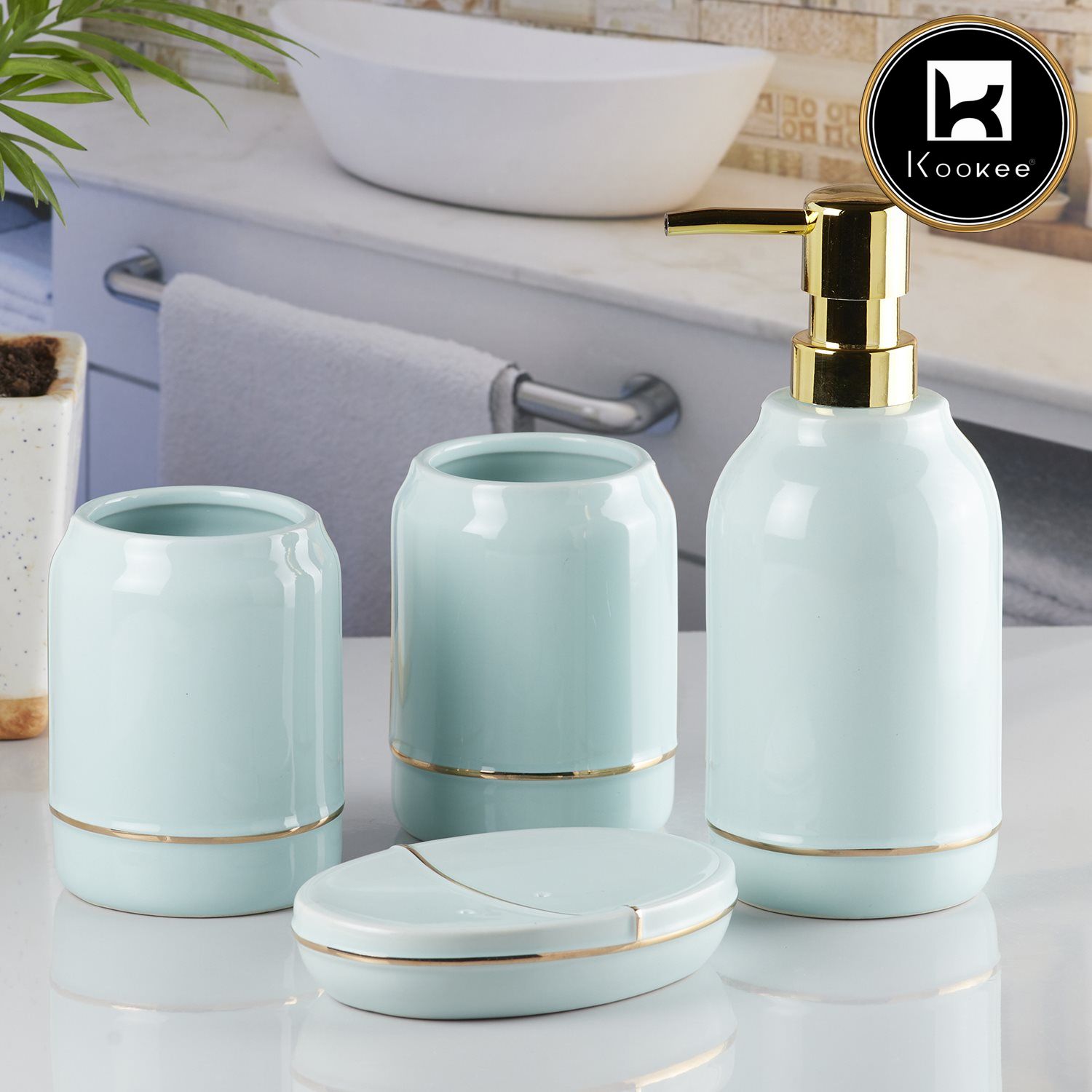 Ceramic Bathroom Accessories Set of 4 with Soap Dispenser (8489)