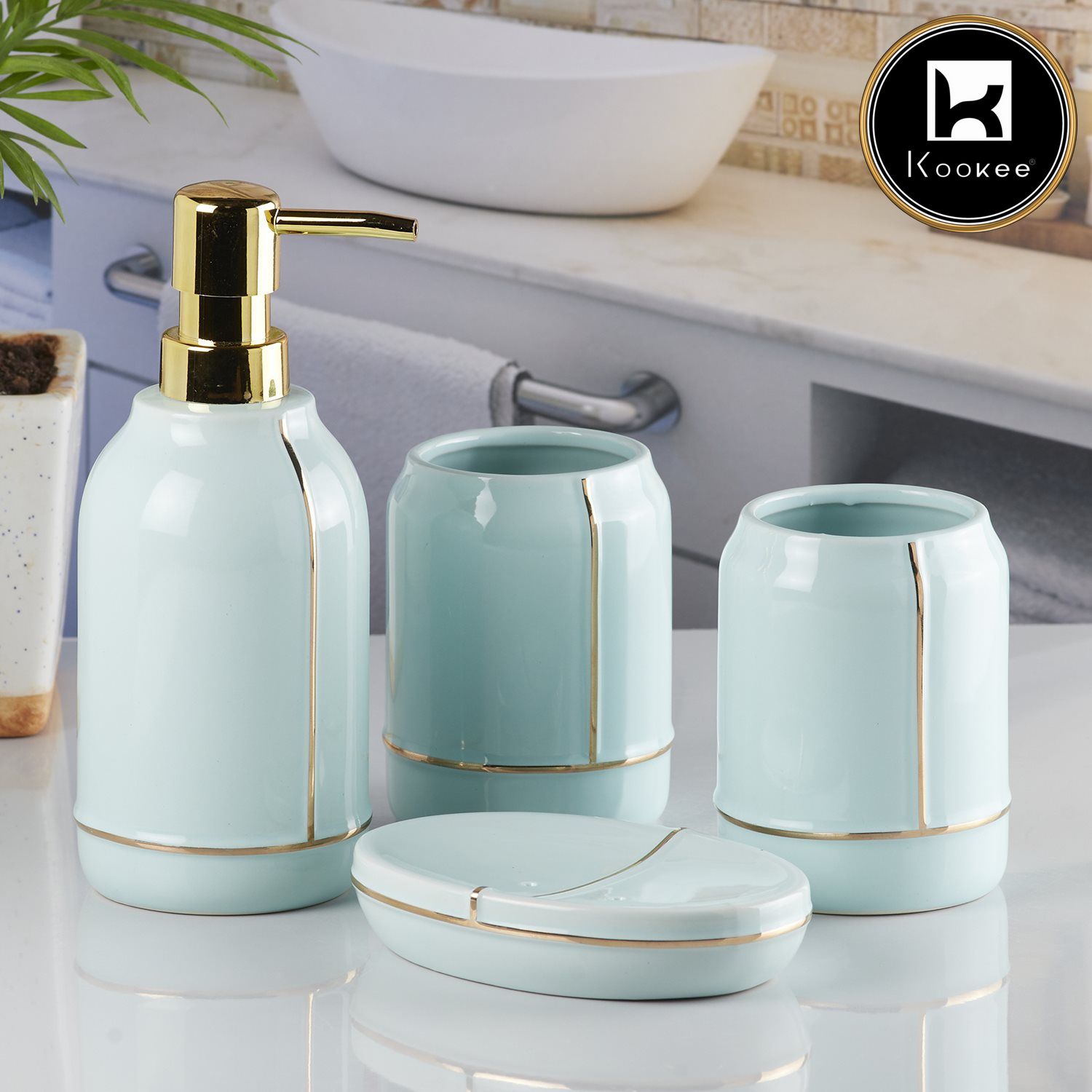 Kookee Ceramic Bathroom Accessories Set of 4, Modern Bath Set with Liquid handwash Soap Dispenser and Toothbrush holder, Luxury Gift Accessory for Home, Blue