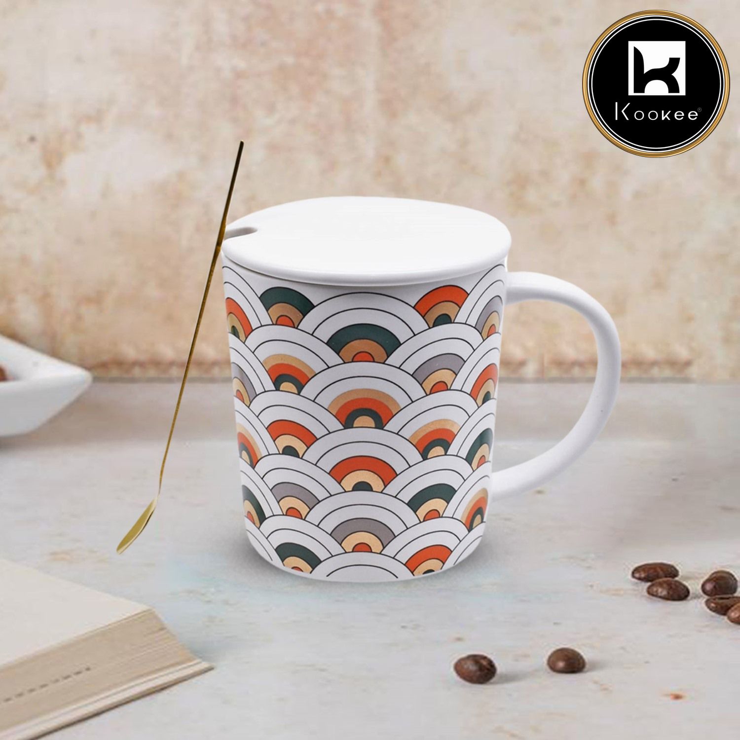 Kookee Fancy Ceramic Coffee or Tea Mug with Lid and Handle with Spoon (8525)