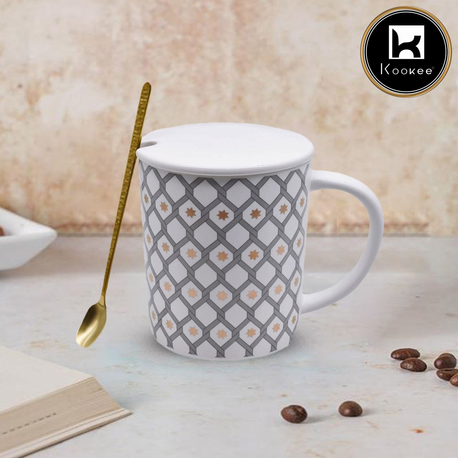 Kookee Fancy Ceramic Coffee or Tea Mug with Lid and Handle with Spoon (8526)