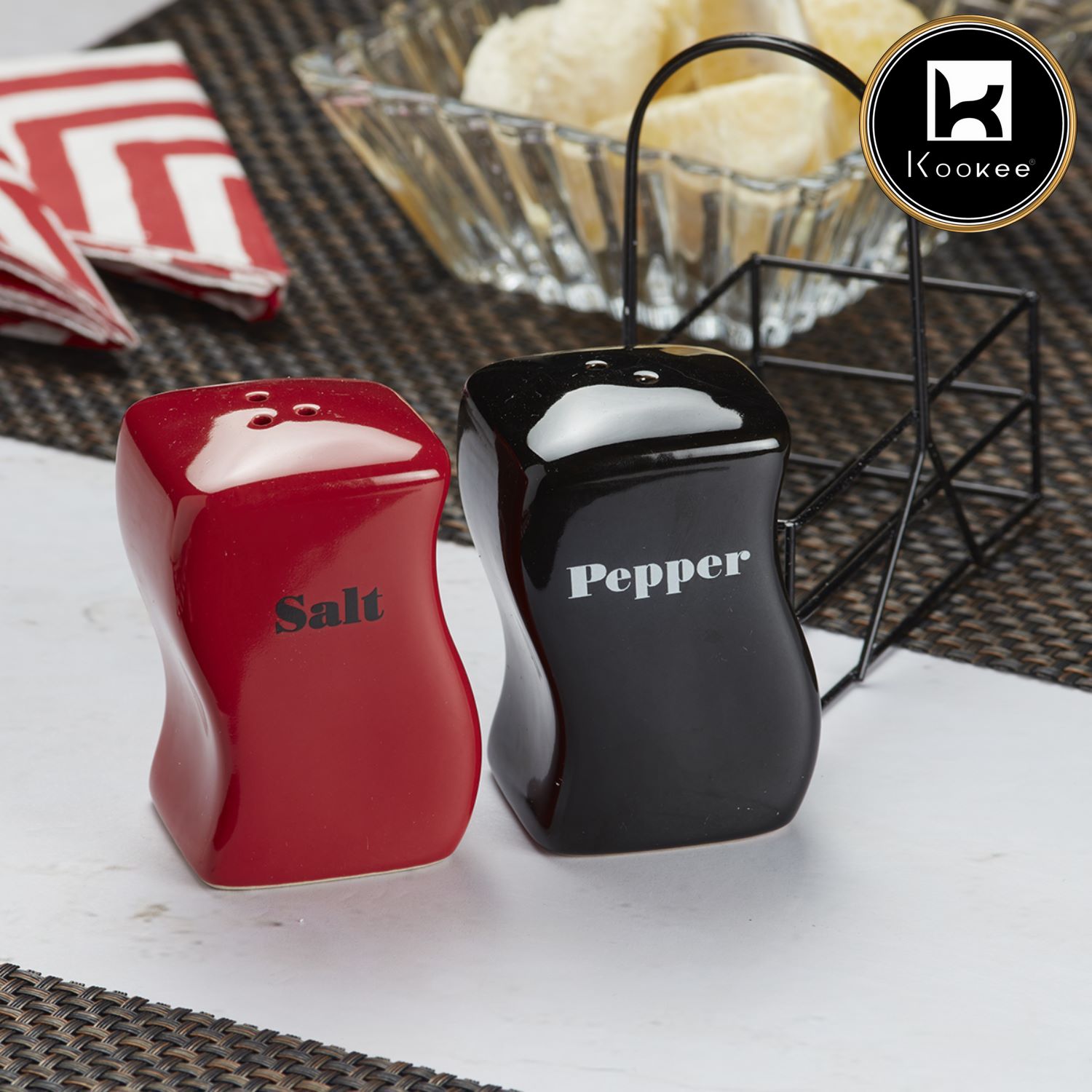 Ceramic Salt and Pepper Set with tray, Red/Black (V-SALT-021-3)