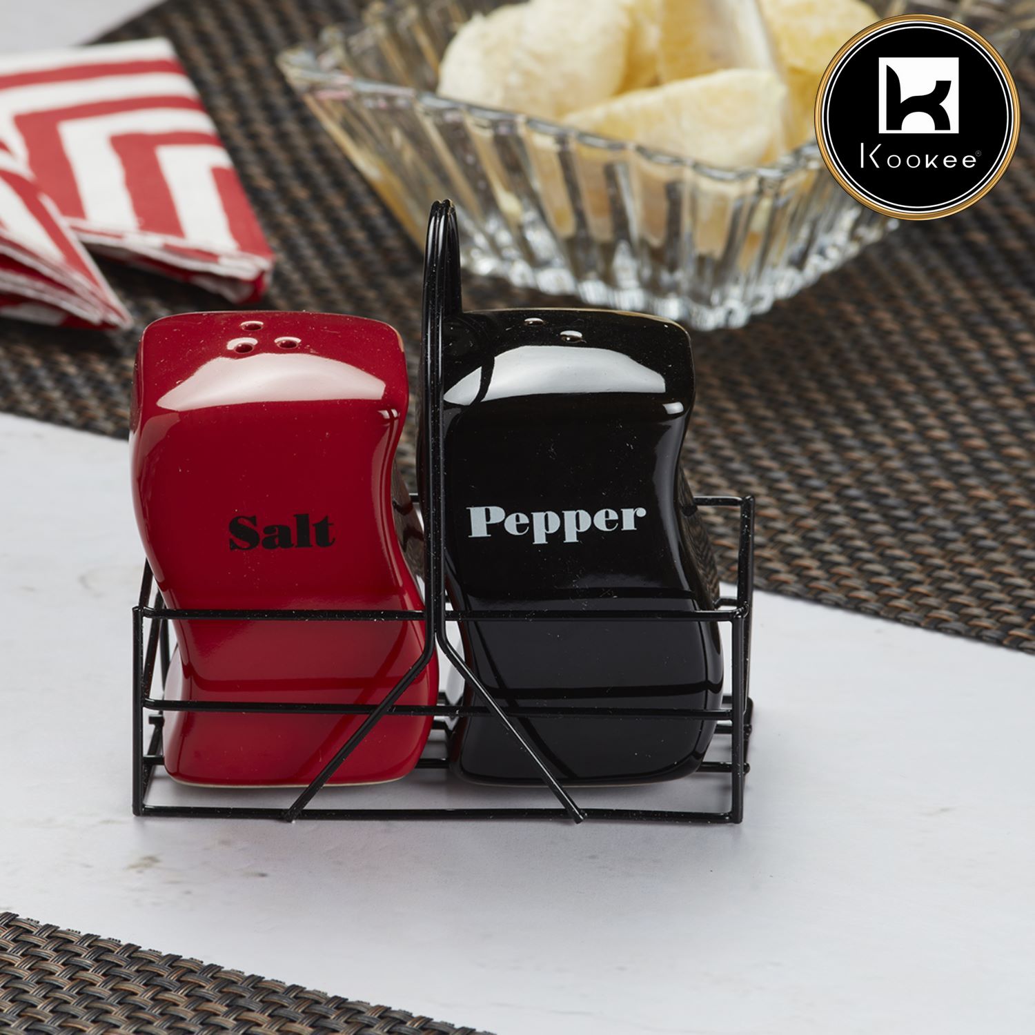 Kookee Ceramic Salt and Pepper Shakers Set with tray for Dining Table used as Namak Dhani, Shaker, Sprinkler, Spices Dispenser for Home, Kitchen and Restaurant, Red/Black