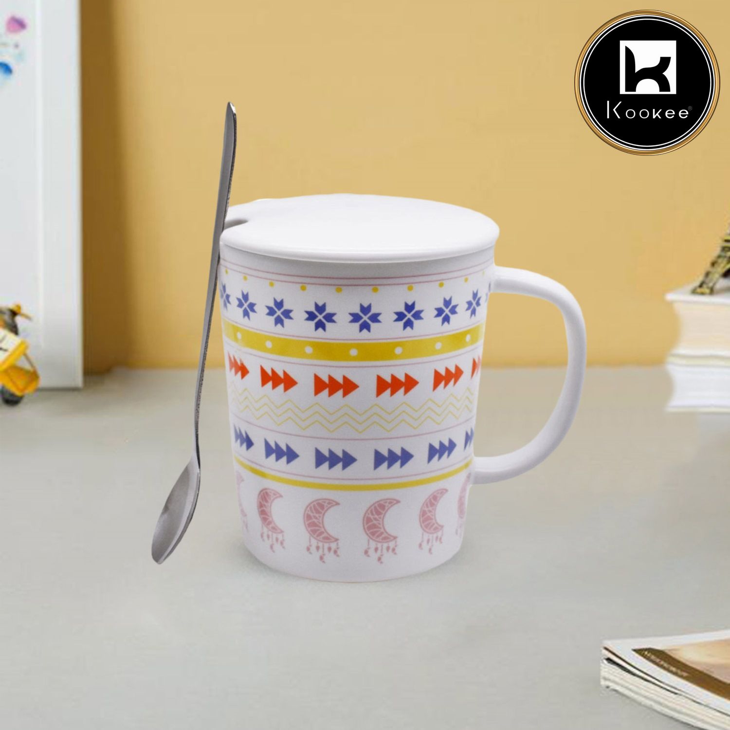 Kookee Fancy Ceramic Coffee or Tea Mug with Lid and Handle with Spoon (8537)